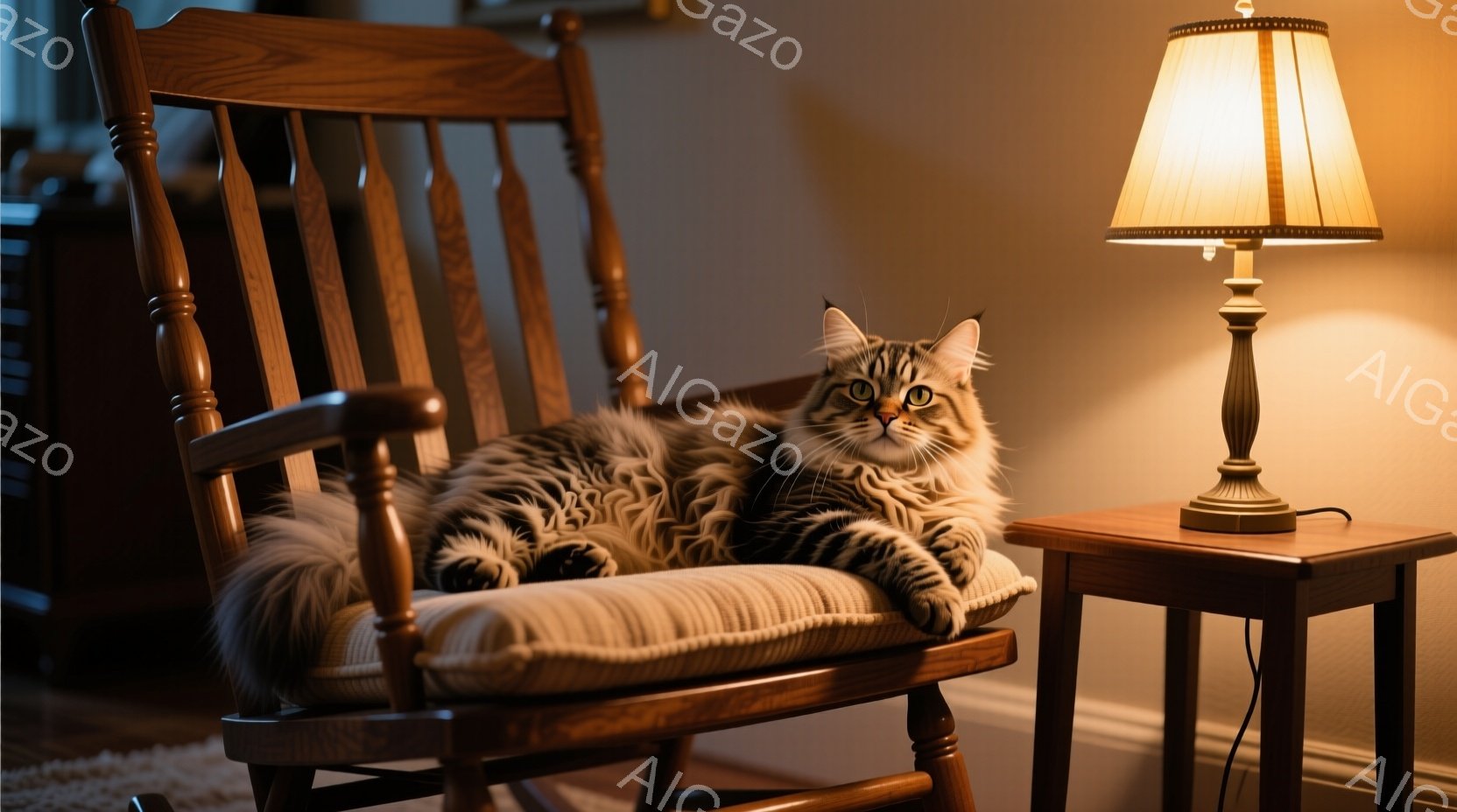 長毛の猫が揺り椅子にゆったりと横たわっており、リラックスした様子が伺えます。木製の揺り椅子とサイドテーブルが暖かく落ち着いた雰囲気を演出し、背景は暗めで、テーブルのランプが猫を照らしています。全体的に穏やかで心地よい空間が表現されています。