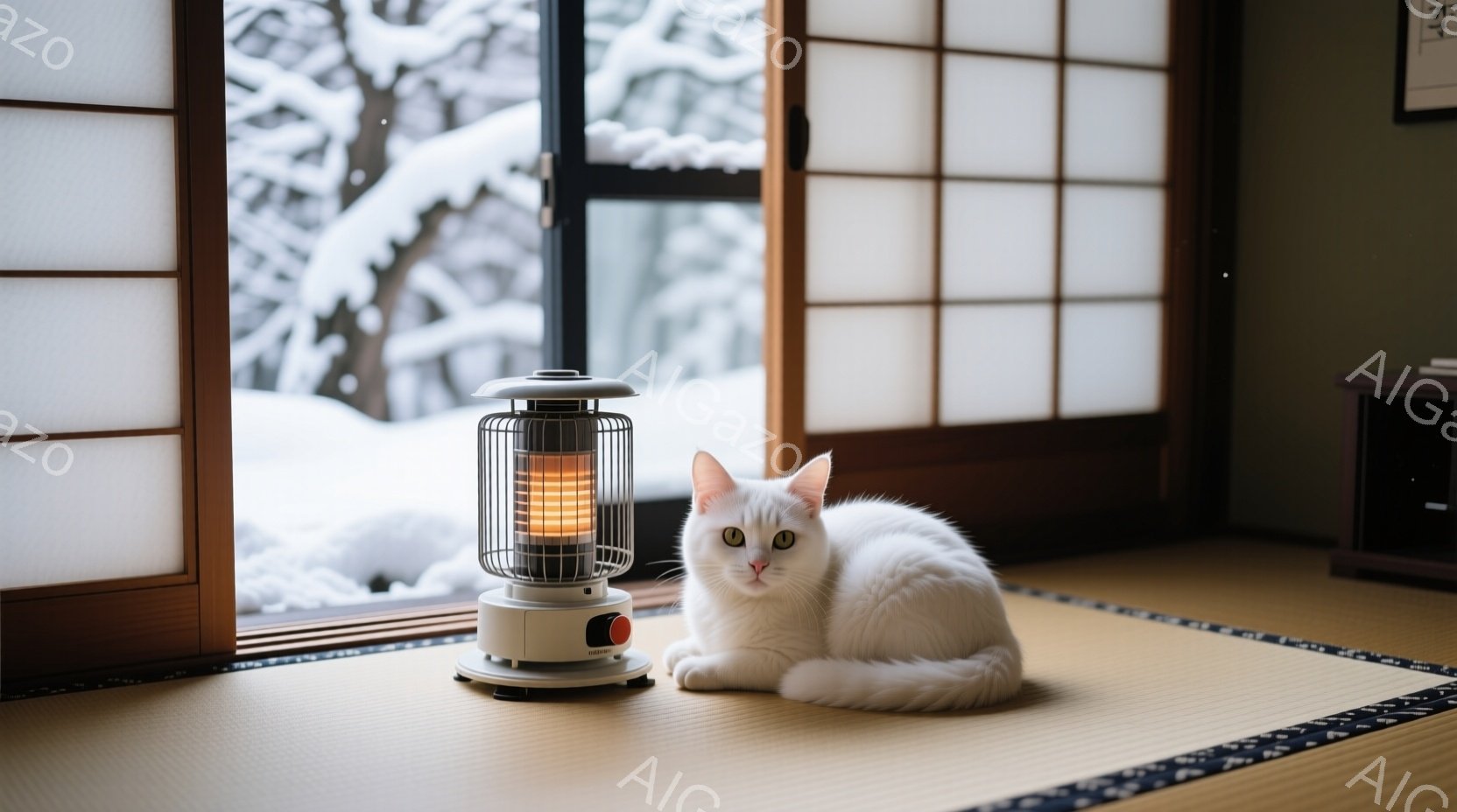 白い猫が畳の上で暖房器具の前に座っている。外は雪景色で、障子戸から白い景色が見える。部屋全体は落ち着いた雰囲気で、冬の暖かさを感じさせる。 - AI生成フリー素材
