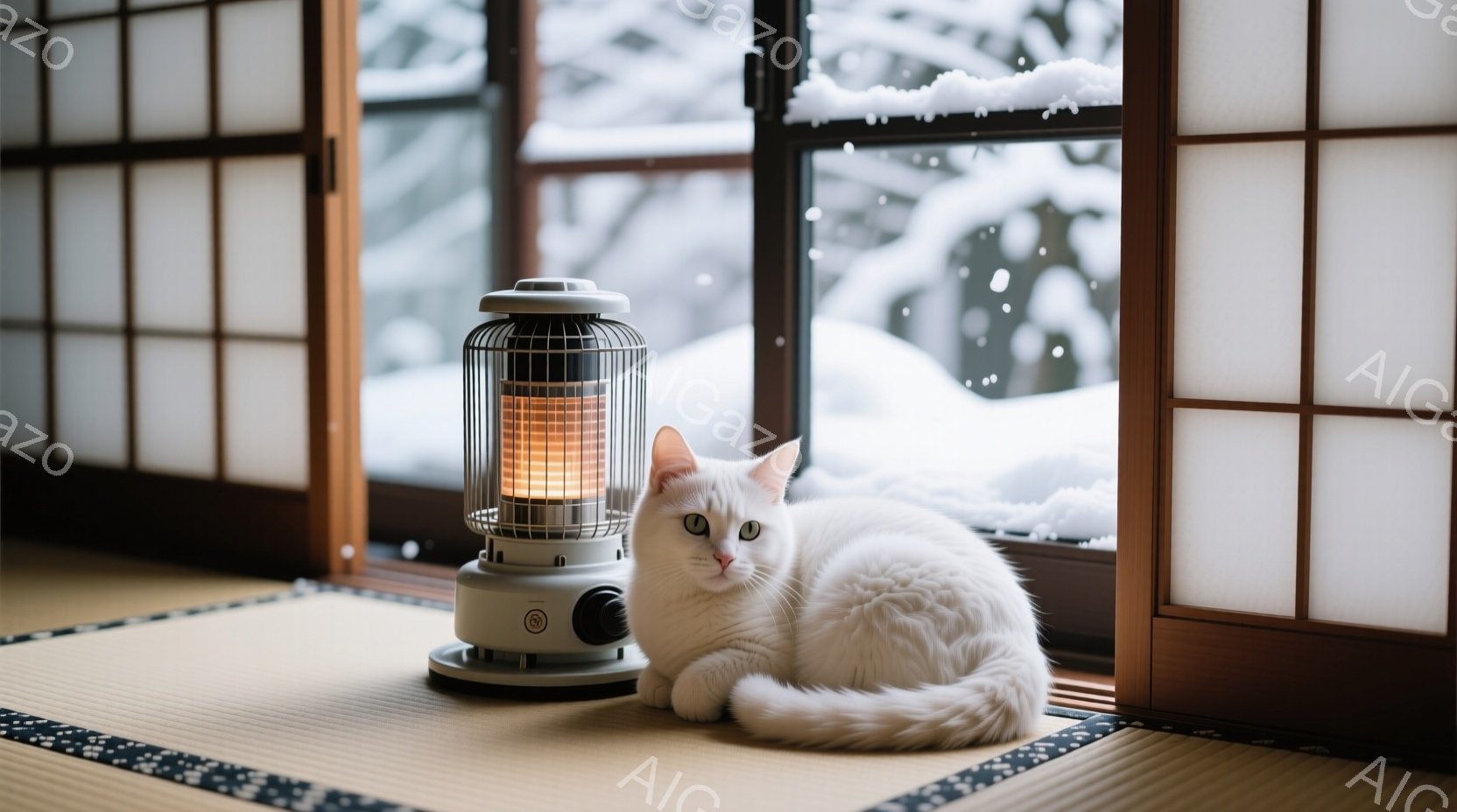 白い猫が畳の上に丸まって座っており、傍らには石油ストーブが置かれている。窓の外は雪景色で、木々が白く覆われているのが見える。部屋全体が暖かく、穏やかな冬の雰囲気が漂っている。