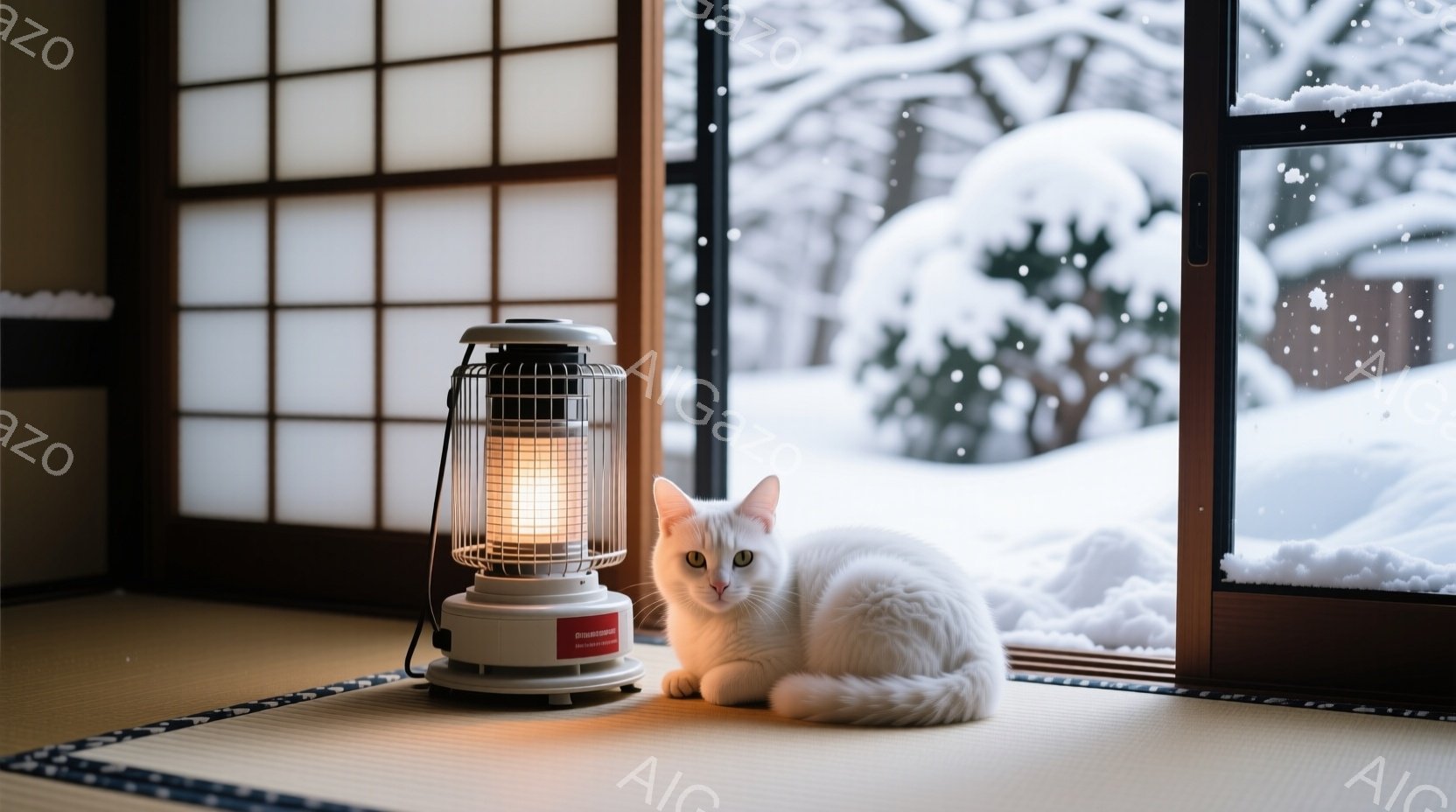 白い猫が畳の上に丸まって座っており、傍らには石油ストーブが置かれている。背景には雪景色が見える障子窓があり、外は雪が降り積もった静かな冬の日であることがわかる。暖炉の光と猫の白い毛並みが、穏やかで温かい雰囲気を醸し出している。