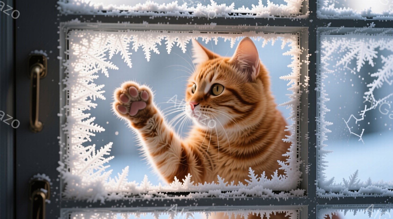 鮮やかなオレンジ色のトラ猫が、霜で覆われた窓枠を通してこちらを見ています。猫は前足を伸ばして何かを掴もうとしているような、遊び心のある姿勢をとっています。背景には雪景色が広がり、冬の静寂と猫の可愛らし - AI生成フリー素材