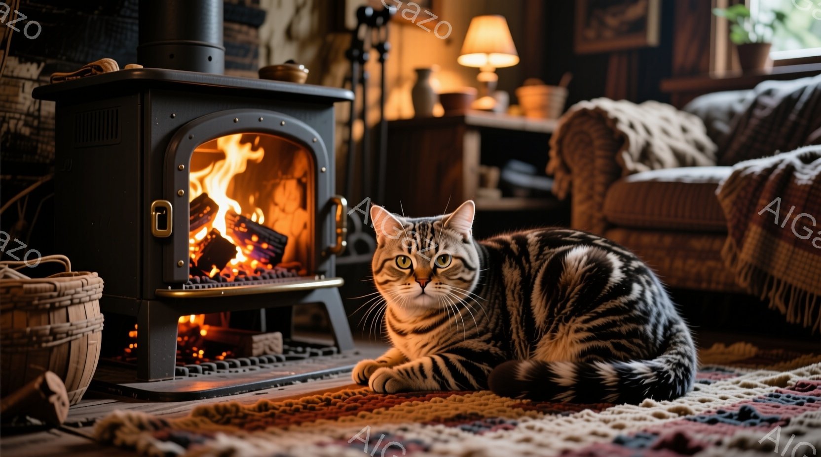 縞模様の猫が、暖炉の前にあるカラフルなラグの上にうつ伏せになってリラックスしています。暖炉の中では木々が燃え、温かい光が部屋全体を照らしています。背景には、籐のバスケットやソファーなどの家具が見え、温かく居心地の良い雰囲気を作り出しています。