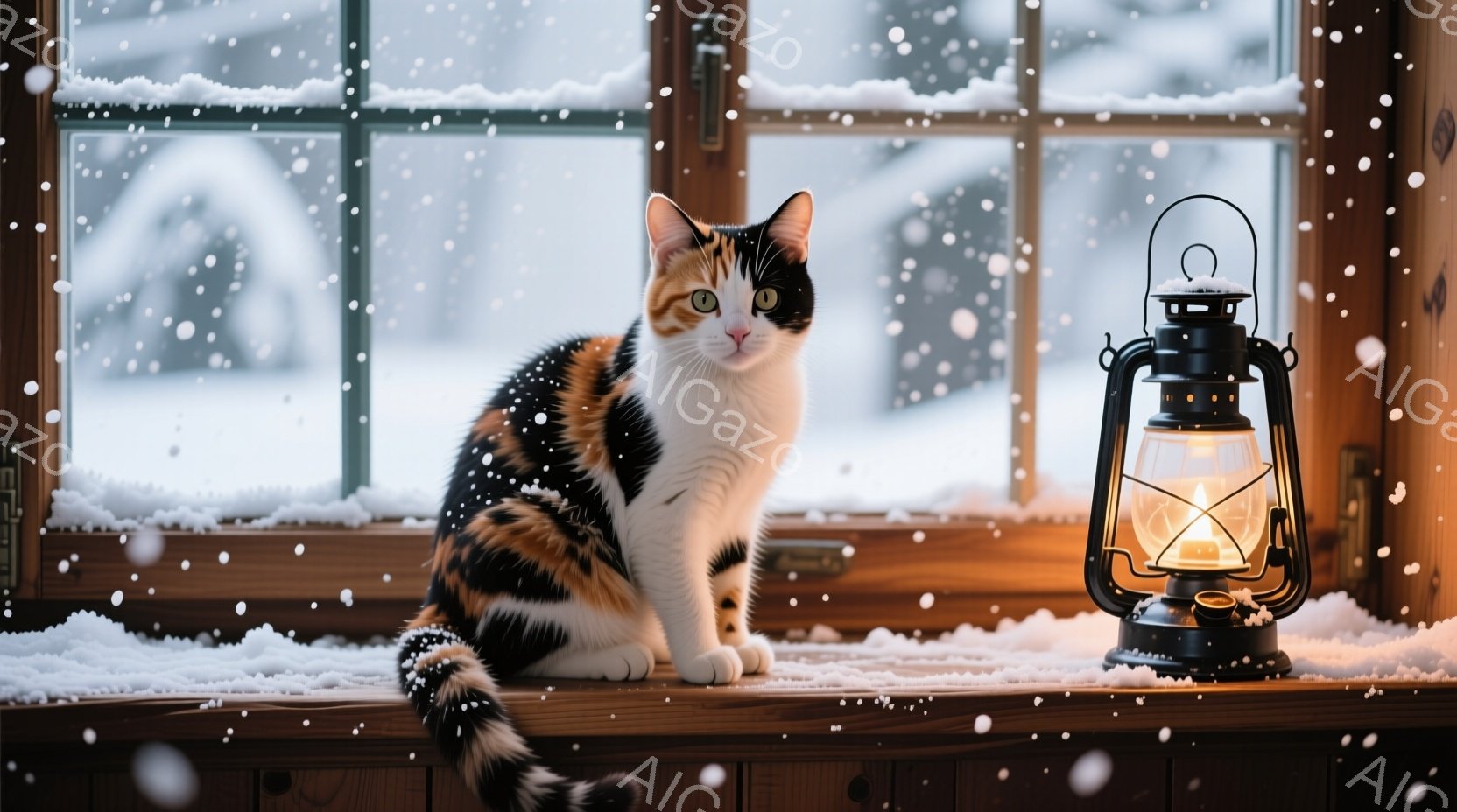 白い毛並みにポイントで茶色の模様が入ったシャム猫が、暖炉の前に座って正面を見つめている。暖炉からは炎が燃え盛り、猫の周りには星のような光が舞っている。背景には石造りの暖炉と木材が積まれ、温かく幻想的な - AI生成フリー素材