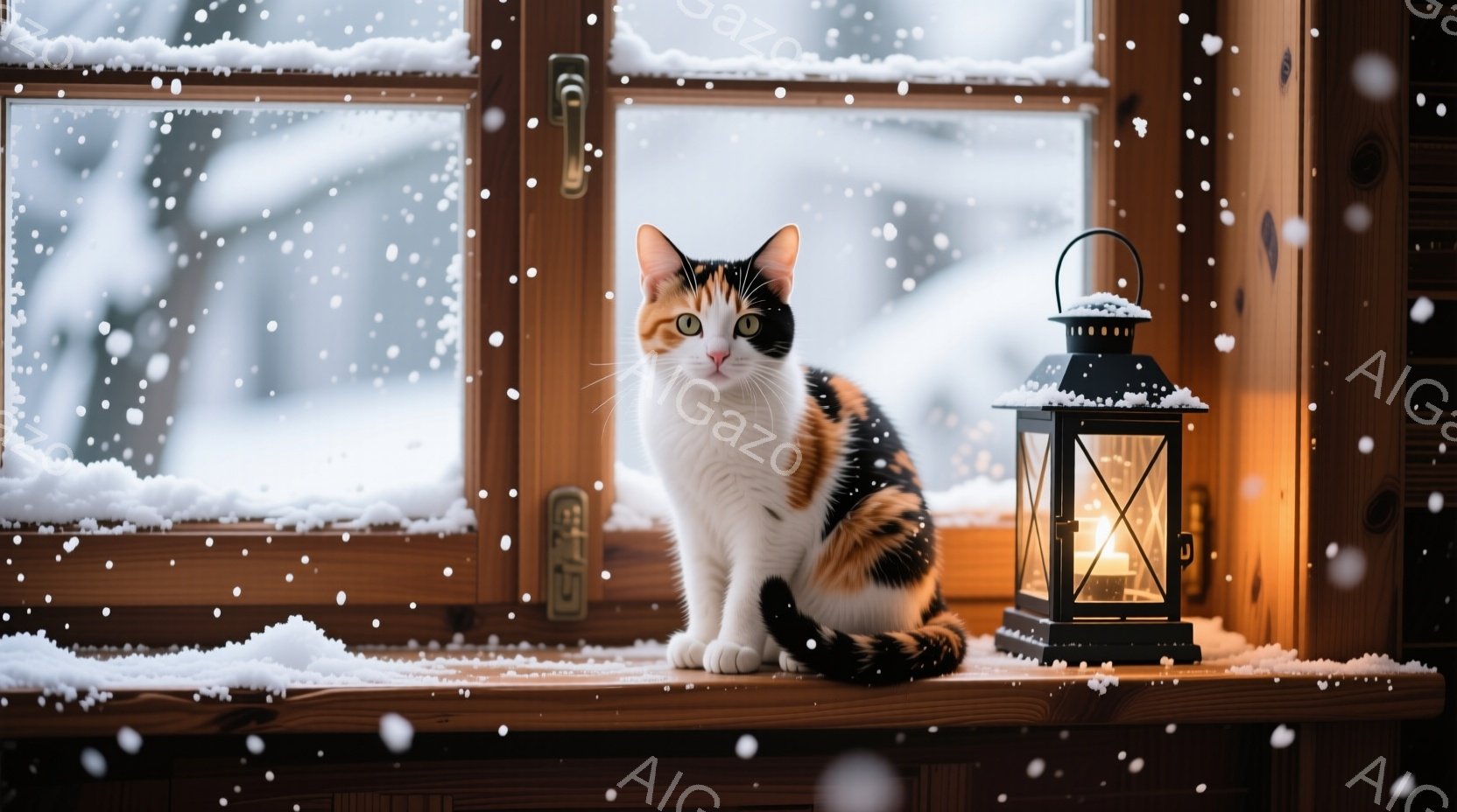 白と茶色のまだら模様の猫が、雪の積もった窓辺に座って正面を見つめている。窓の外は雪が降り積もり、木製の窓枠と暖かく灯るランタンが冬の穏やかな雰囲気を醸し出している。猫はリラックスした様子で、静寂の中に - AI生成フリー素材