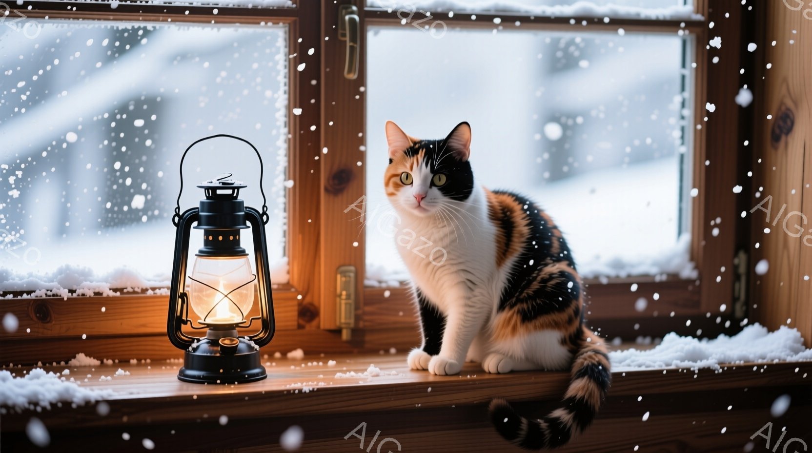 白い窓枠に、三毛猫が座って外を眺めている。雪が降る冬の景色が窓の外に広がり、暖かく光るオイルランプが猫の隣に置かれている。 全体的に、冬の穏やかで温かい雰囲気が漂っている。 - AI生成フリー素材