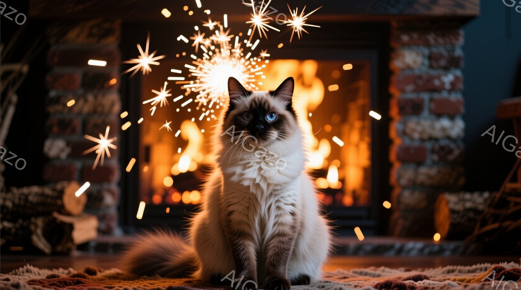 暖炉の前で、美しい白と茶色のペルシャ猫が座っています。猫は鮮やかな青い目でカメラを見つめ、毛並みはふんわりとしており、周囲にはキラキラと輝く光の粒子が舞っています。背景はレンガ造りの暖炉で、炎が暖かく - AI生成フリー素材