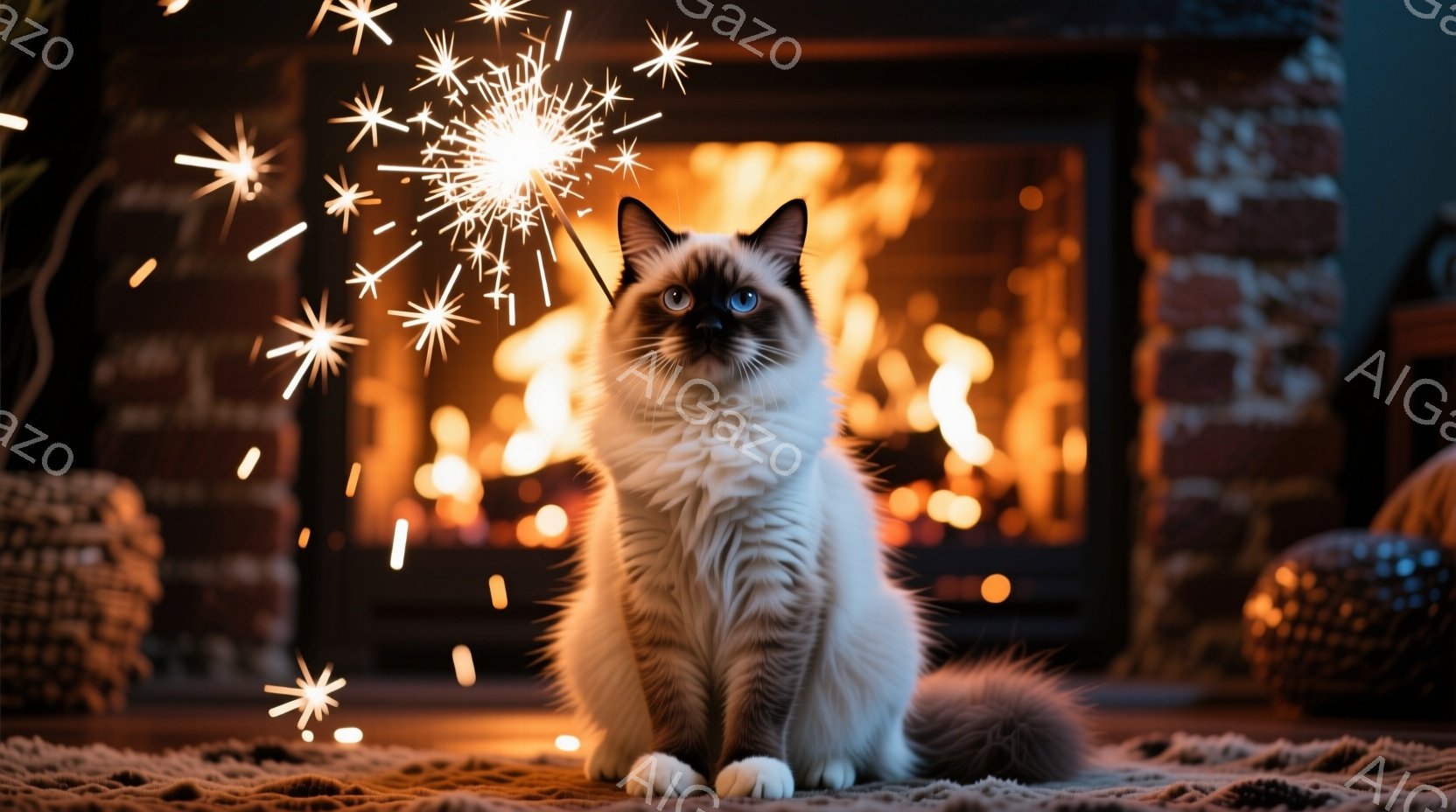 白と茶色の縞模様の猫が、暖炉の前で座っている。猫は正面を見つめ、リラックスした表情を浮かべている。背景には燃え盛る暖炉と、ぼやけた家具が見え、温かく心地よい雰囲気を醸し出している。 - AI生成フリー素材