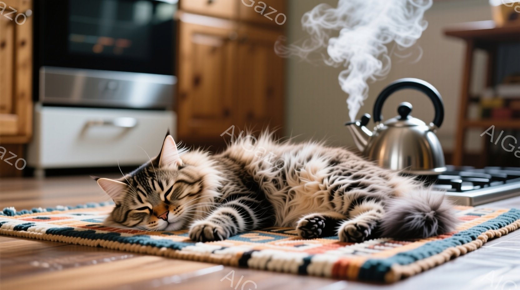 縞模様の長毛猫が、カラフルな手編みのラグの上に横たわって眠っています。背景には木製のキッチンキャビネットとガスレンジがあり、湯気が立ち上るケトルが温かさを添えています。全体的に、穏やかでリラックスした家庭的な雰囲気が漂っています。