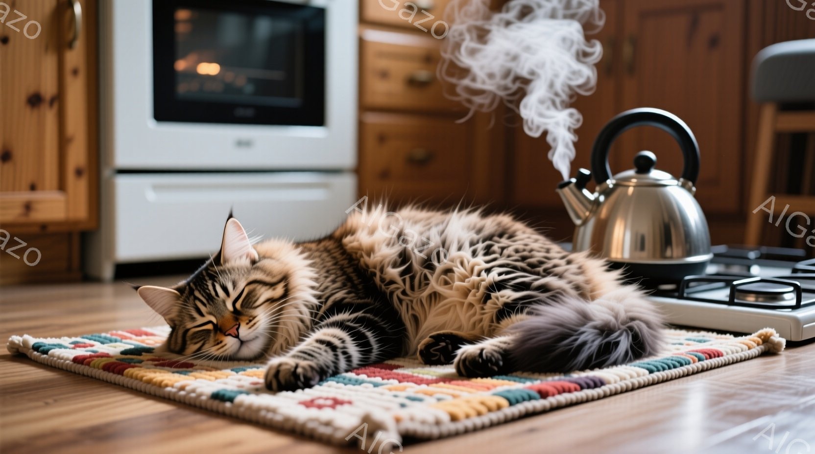 縞模様の大きな猫が、カラフルな織りのマットの上で横たわって眠っています。背景には、ステンレス製のやかんから立ち上る湯気と、木製のキャビネット、調理台が見え、温かい家庭的な雰囲気が漂っています。猫のゆったりとした姿勢と湯気の暖かさが、穏やかでリラックスした情景を作り出しています。