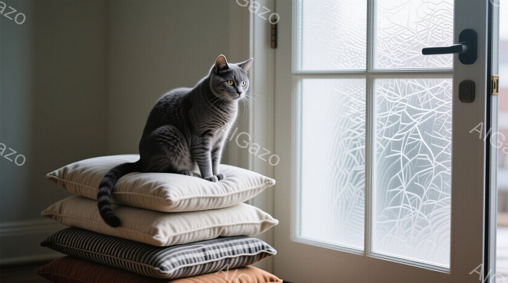 黒猫が窓辺の白い敷物の上で、点灯したキャンドルに向かってそっと歩み寄っている様子が写っている。外は雪が降っており、窓の外にはぼやけた冬景色が広がっている。キャンドルの温かい光が猫のシルエットを照らし、 - AI生成フリー素材
