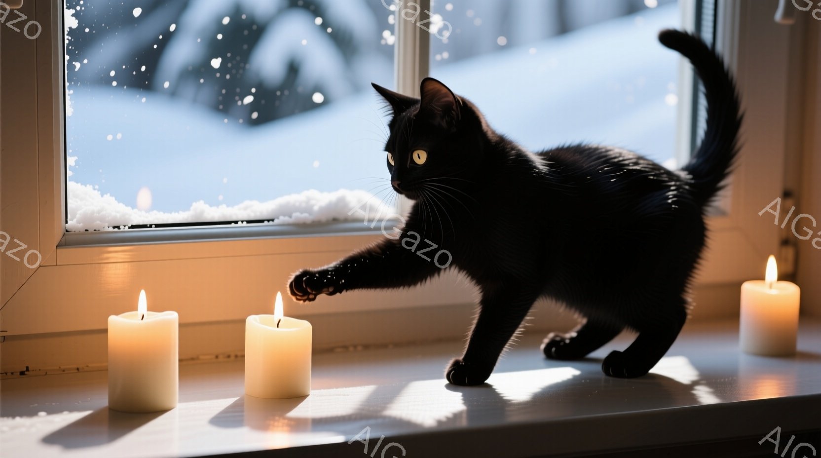 黒猫が窓辺の白い棚の上を歩いています。背景には雪が降る冬景色が見え、棚の上には数本の点灯した白いキャンドルが並んでいます。温かい光と雪景色が組み合わさり、静かで穏やかな雰囲気を醸し出しています。 - AI生成フリー素材