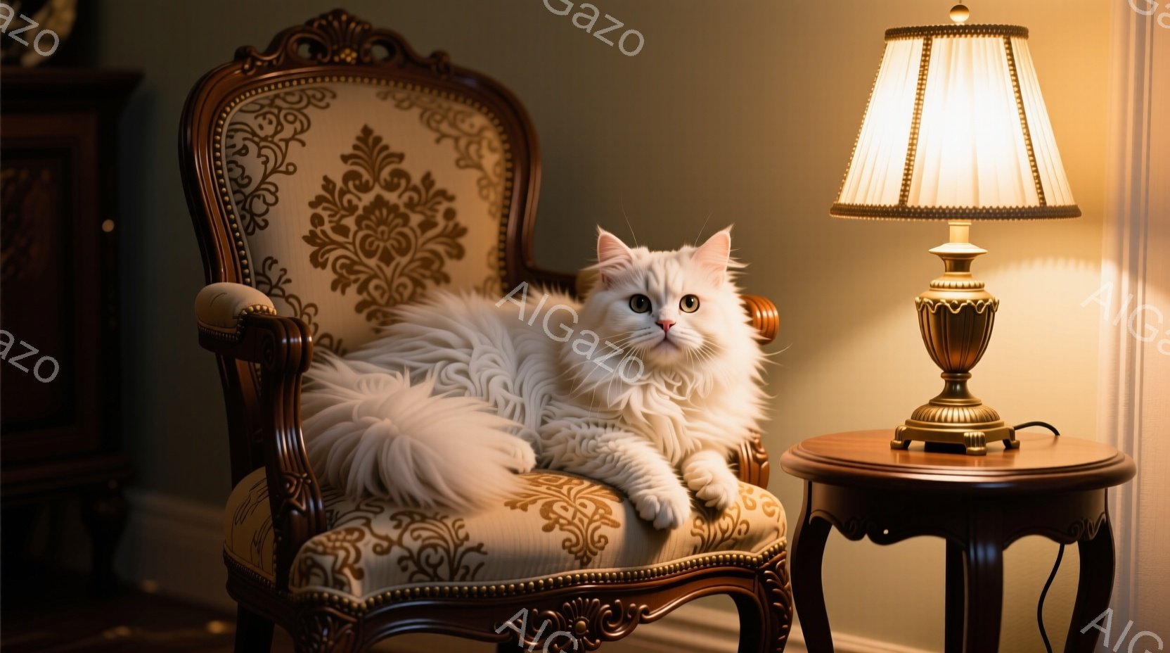 白い毛並みの大きな猫が、装飾的な彫刻が施されたクラシックな椅子にゆったりと座っている。猫はリラックスした表情で、優雅な姿勢を保ち、まるで王族のようだ。背景には、アンティーク調のテーブルとランプがあり、暖かく落ち着いた雰囲気を醸し出している。