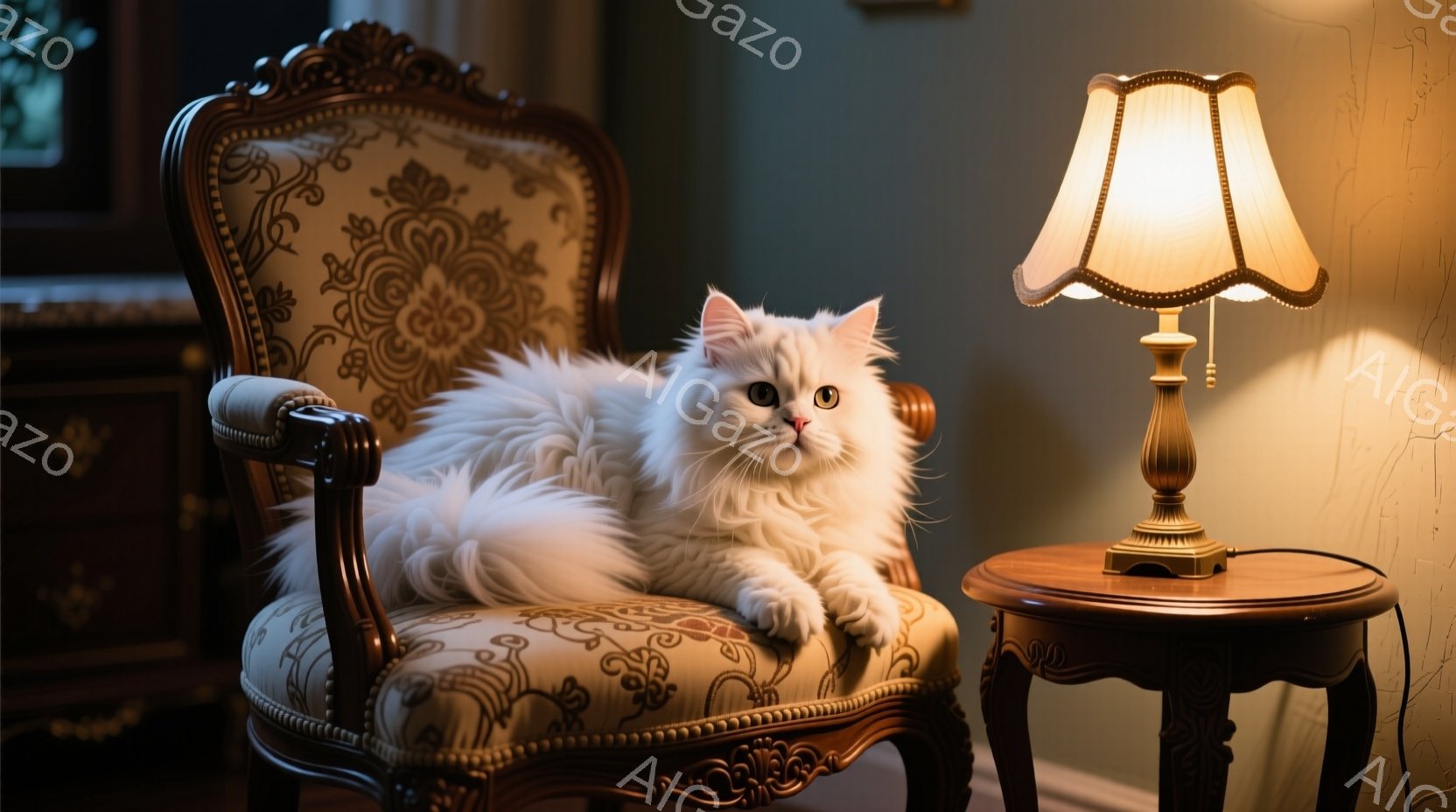 白いペルシャ猫が、装飾的な模様のベルベットの椅子にゆったりと座っており、堂々とした表情でカメラを見つめている。背景には、オフホワイトの壁と、小さな円形の木製のテーブル、そして温かい光を放つテーブルランプが置かれている。全体的に、優雅で落ち着いた雰囲気で、猫が王族のような雰囲気を醸し出している。