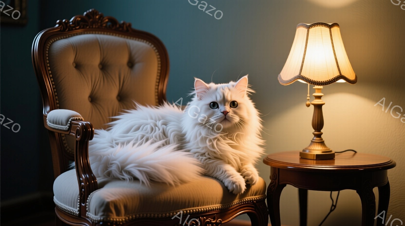 白い長い毛並みの猫が、装飾的な背もたれの椅子にゆったりと横たわっている。隣には、アンティーク調のサイドテーブルがあり、上には暖色の光を放つランプが置かれている。背景は濃い壁で、全体的に落ち着いた、優雅 - AI生成フリー素材