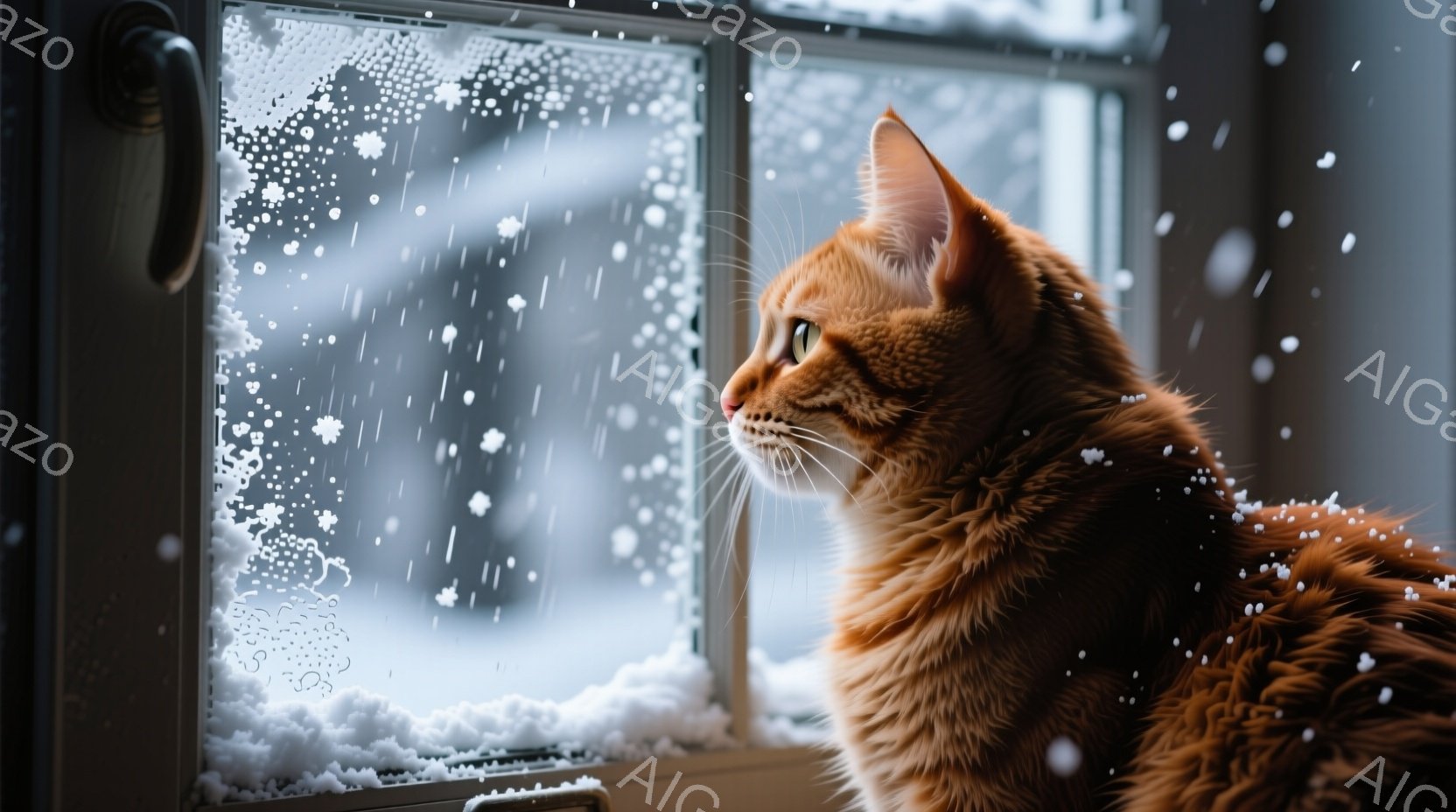 オレンジ色の毛並みの猫が窓辺に座り、外の雪景色をじっと見つめている。窓枠は白く、雪が降り積もる冬の風景がぼんやりと見える。猫はリラックスした姿勢で、静かで穏やかな冬の雰囲気を醸し出している。 - AI生成フリー素材