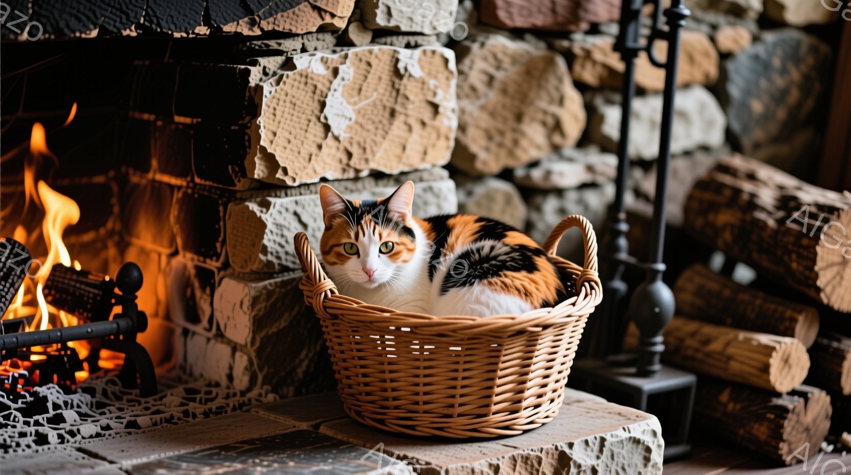 暖炉の前に置かれたバスケットに、三毛猫が丸まって座っています。猫はリラックスした表情で、静かに辺りを見渡しています。背景には石造りの暖炉と薪が積み重ねられており、暖かく落ち着いた雰囲気が漂っています。 - AI生成フリー素材