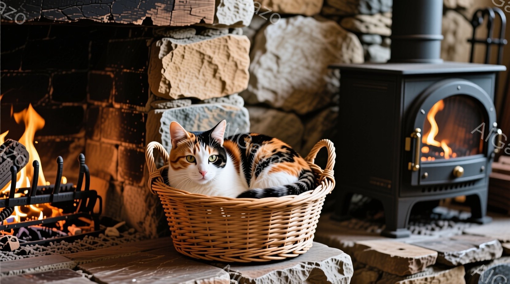 暖炉のそばに置かれたバスケットの中に、三毛猫が丸まって眠っています。猫はリラックスした表情で、バスケットに寄りかかり、暖炉の温かさを楽しんでいるようです。背景には石造りの壁と暖炉があり、落ち着いた温かい雰囲気が漂っています。