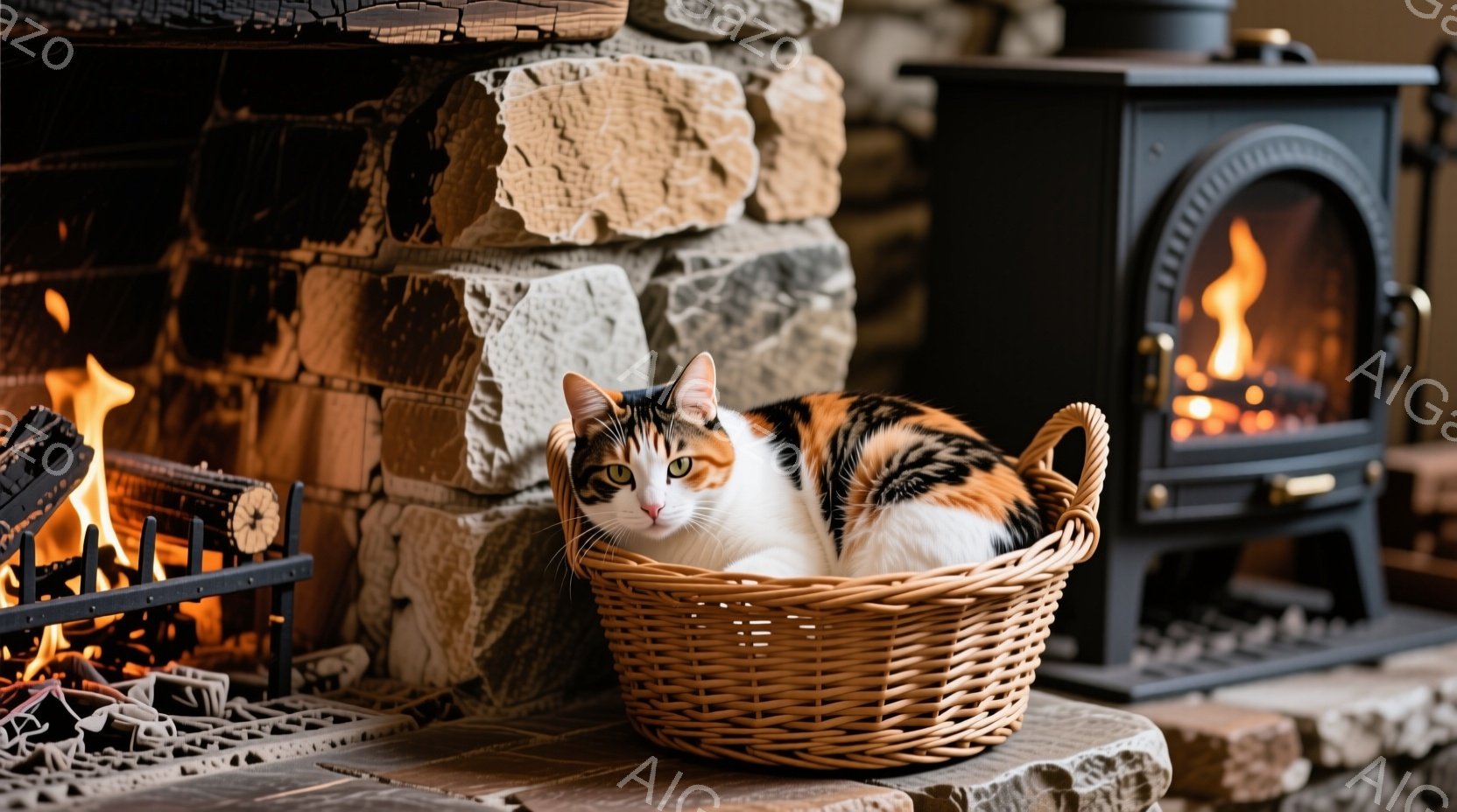 白とオレンジ色のまだら模様の猫が、編まれたバスケットの中に丸まって座っています。背景には石造りの暖炉と燃え盛る炎があり、暖かく居心地の良い雰囲気を作り出しています。暖炉の周りの石は不規則な形をしており、質感を強調しています。