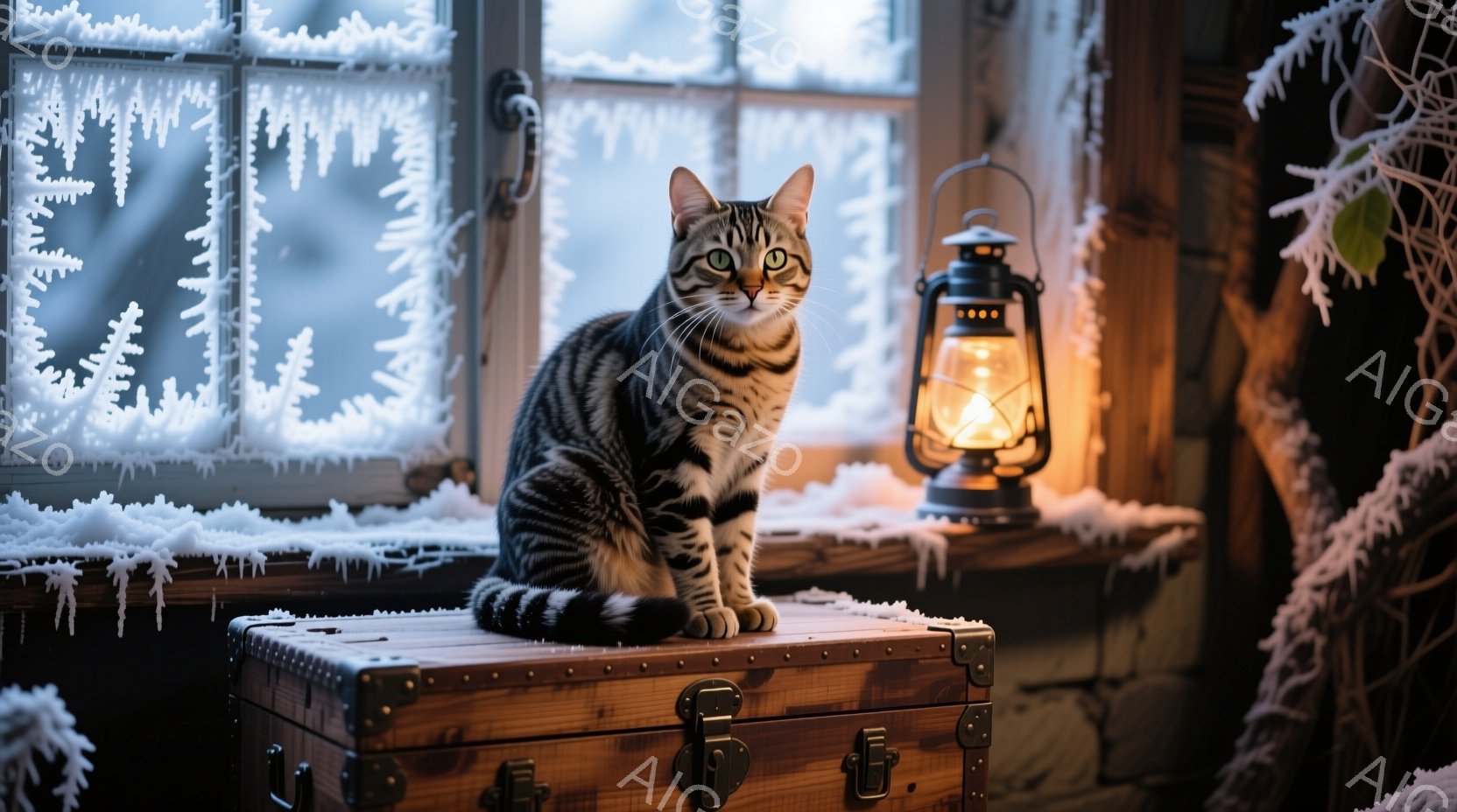 縞模様の猫が、霜で覆われた窓辺の古い木箱の上に座ってこちらを見ている。窓の外は雪景色で、木箱の隣には灯りが灯ったランタンが置かれ、暖かく落ち着いた雰囲気を作り出している。全体的に冬の静寂と猫の優雅さを感じさせる、心温まる情景だ。