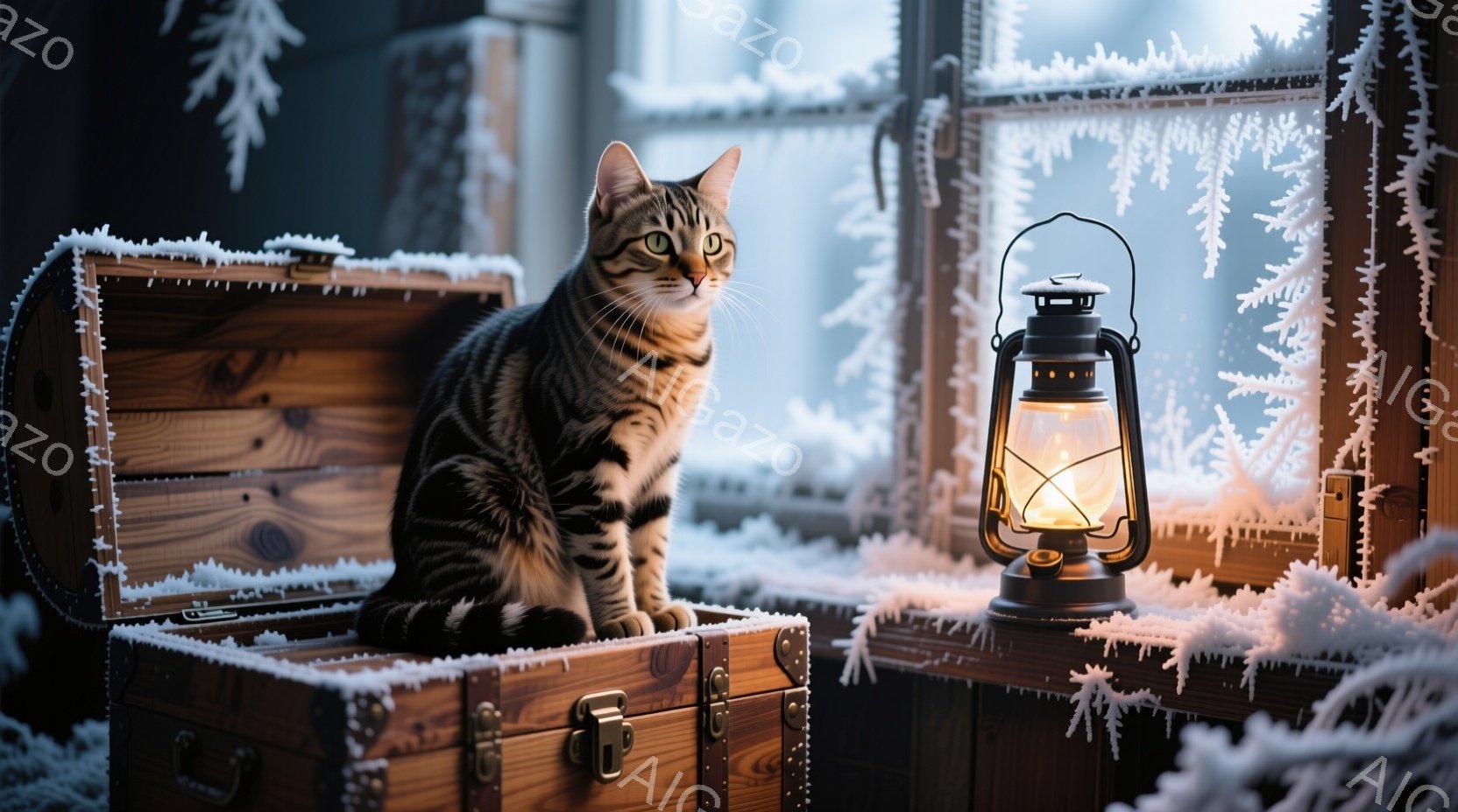 茶色の縞模様の猫が、霜で覆われた木の箱の上に座って正面を見つめています。背景には、霜で覆われた窓枠と、ぼんやりと光るランタンが見え、冬の静かで穏やかな雰囲気を醸し出しています。全体的に、暖かく落ち着いた、冬の日のひとコマを切り取ったような印象を与えます。