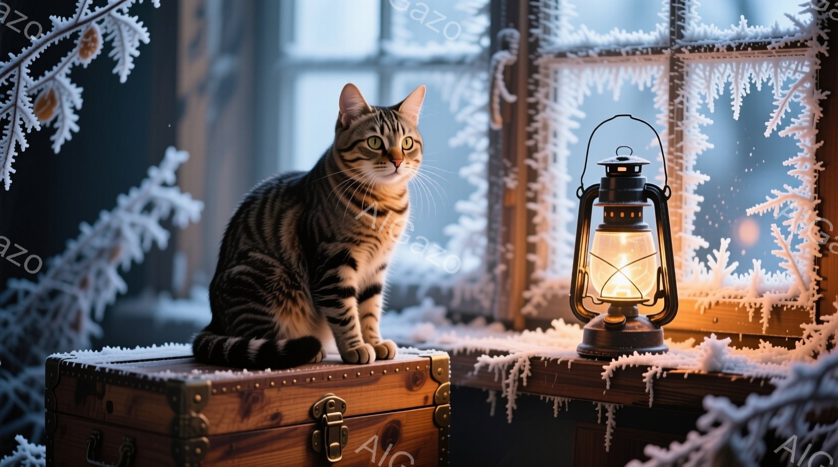 縞模様の猫が古びた木製の箱の上に座ってこちらを見つめています。窓枠は雪で覆われ、暖かく光るランタンが箱の隣に置かれています。全体的に、雪景色と猫の静かな佇まいが、冬の暖かく穏やかな雰囲気を醸し出してい - AI生成フリー素材