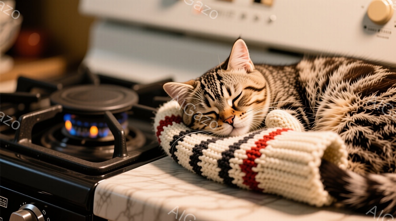 縞模様の猫が、キッチンのガスコンロの上で丸まって眠っています。猫は白とベージュの編み物の袖の上に頭を置き、リラックスした表情で目を閉じています。ガスコンロの一部が点火されており、暖かさと穏やかな雰囲気が漂っています。