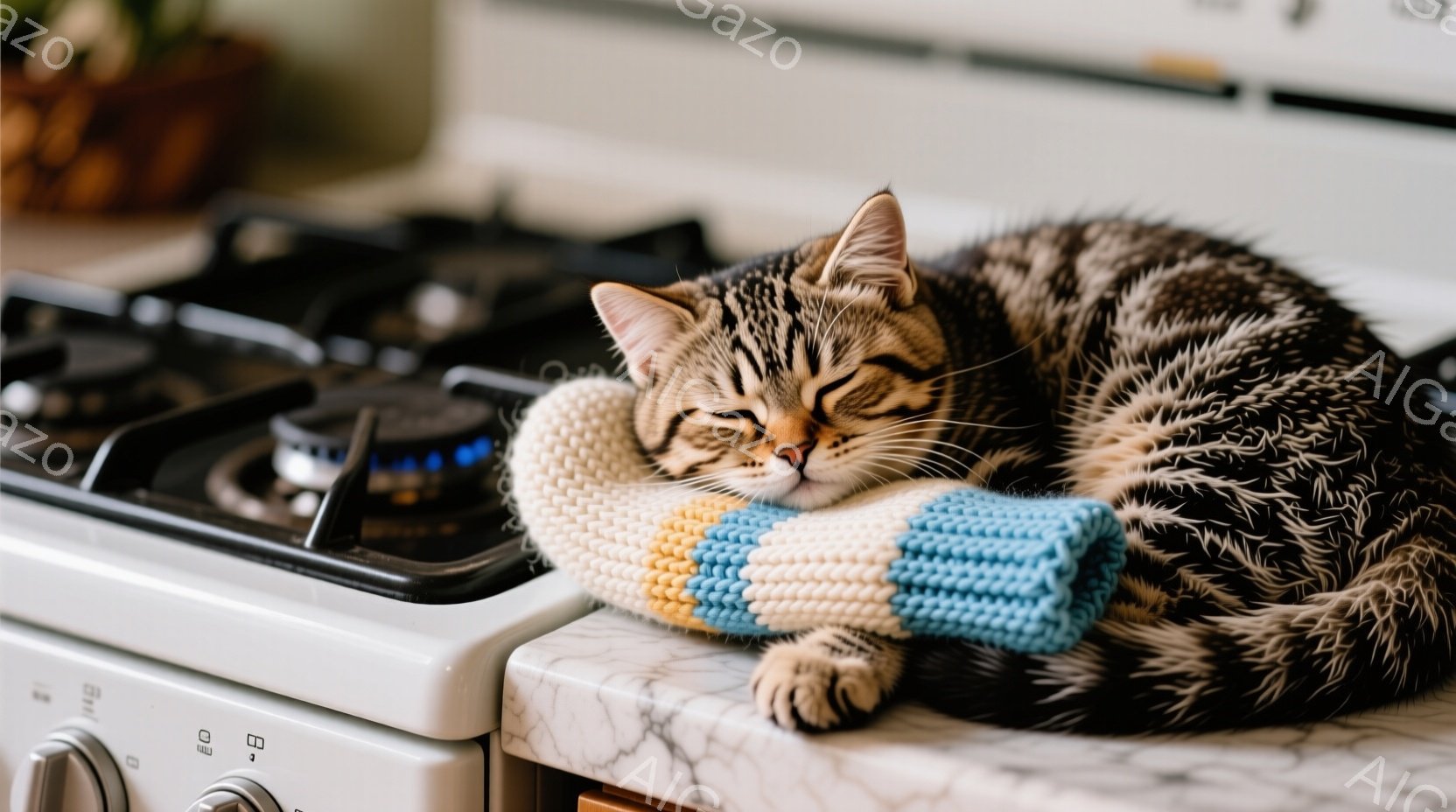 白いストーブの上で、縞模様の猫が目を閉じて眠っています。猫はピンクと水色のしま模様の編み物を首に巻き、リラックスした姿勢で前足を組んでいます。背景は白く清潔なキッチンで、暖かく穏やかな雰囲気が漂ってい - AI生成フリー素材