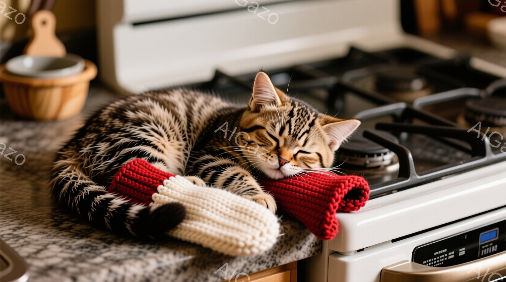 茶色の縞模様の猫が、真っ白なガスコンロの上で丸まって眠っています。猫は赤い縞模様と白い先端の編み物のようなものを抱きかかえ、リラックスした表情をしています。背景には木製のキャビネットや調理器具が見え、暖かく穏やかな家庭的な雰囲気です。