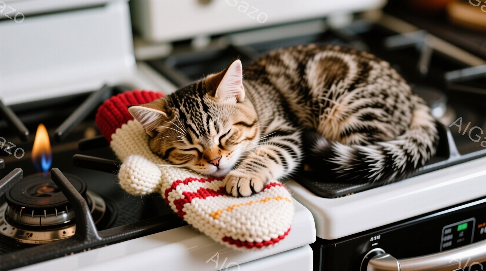 白いストーブの上で、縞模様の猫が可愛らしい編み物のミトンを枕にして眠っています。猫は目を閉じ、リラックスした表情で、穏やかな暖かさを楽しんでいるようです。背景には白く清潔なストーブがあり、全体的に温かく、心地よい雰囲気が漂っています。
