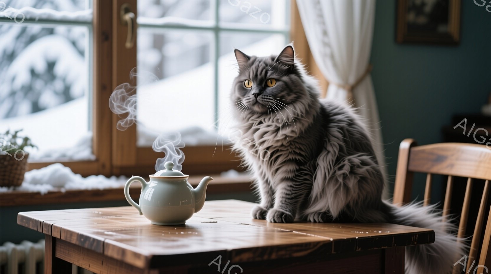 長毛の灰色猫が木のテーブルの上に座っており、その隣には湯気が立ち上る白いティーポットが置かれている。窓の外には雪景色が広がり、暖かく落ち着いた室内とのコントラストが美しい。猫は少し遠くを見つめ、優雅でリラックスした雰囲気を醸し出している。