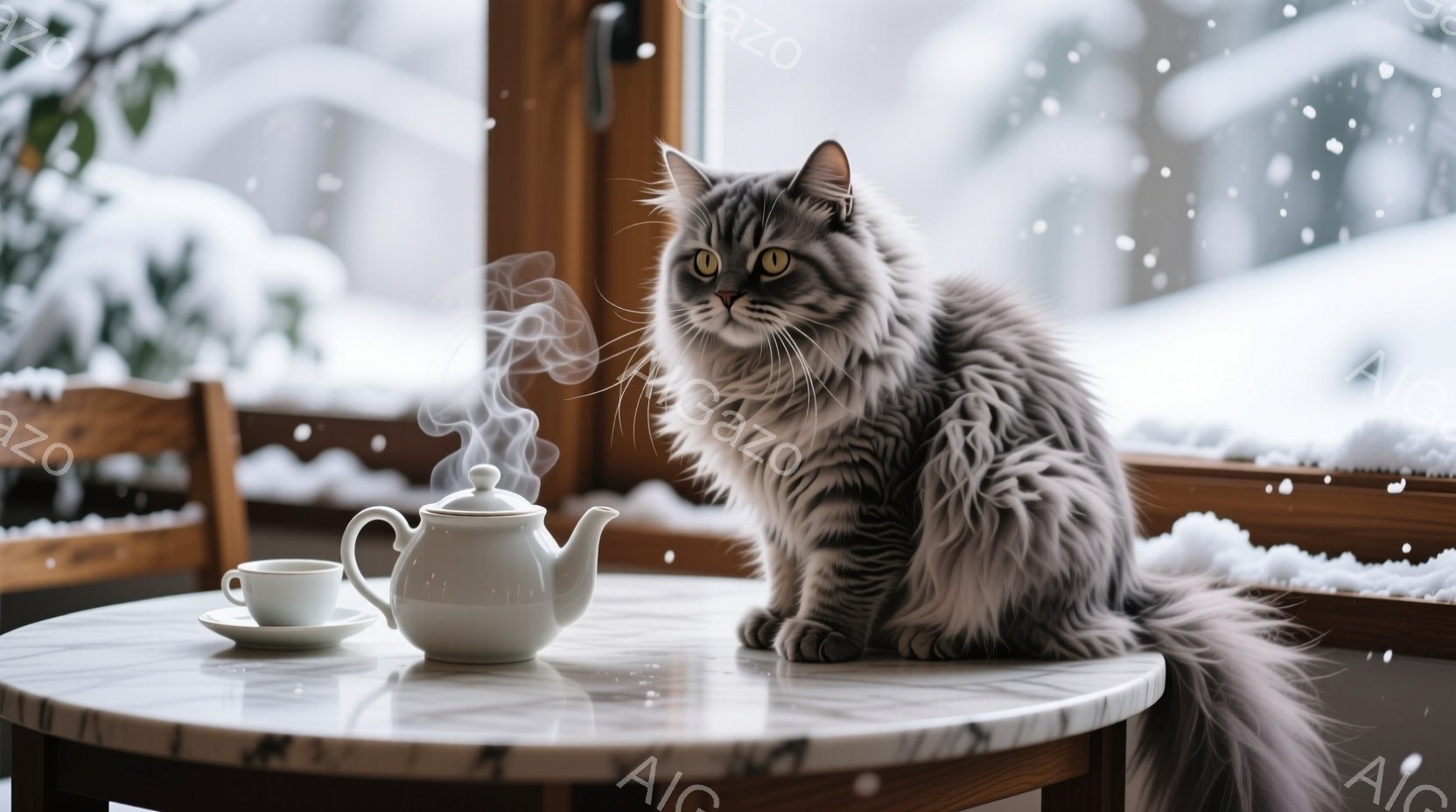 縞模様の長毛猫が、丸い白いテーブルの上で優雅に座っている。テーブルの上には、湯気が立ち上る白いティーポットとティーカップが置かれ、背景には雪景色が見える窓がある。暖かく、穏やかな冬の日の雰囲気が漂う、居心地の良いシーンだ。