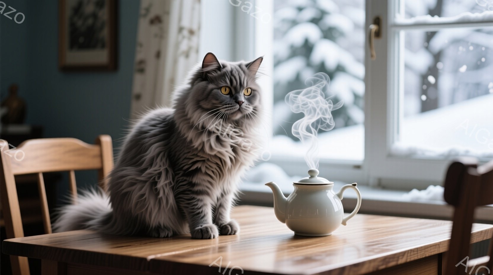 長毛の灰色の猫が木製のテーブルに座り、正面を見つめている。背後には白い湯気が立ち上るティーポットと、雪景色が見える窓がある。暖色系の木製のテーブルと、猫の毛並みのコントラストが印象的で、冬の穏やかな午後の雰囲気が漂う。