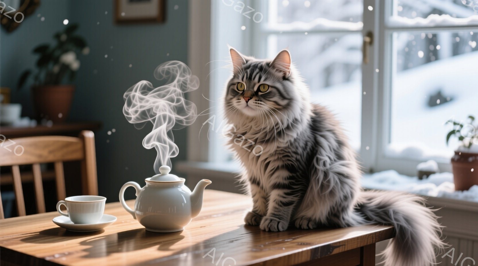長毛のグレーの猫が木製のテーブルの上に座っており、背筋を伸ばして遠くを見つめている。テーブルの上には湯気が出ている白いティーポットとティーカップが置かれており、背景には雪景色が見える窓がある。暖かく、穏やかな冬の日の午後のような、静かで心地よい雰囲気が漂っている。