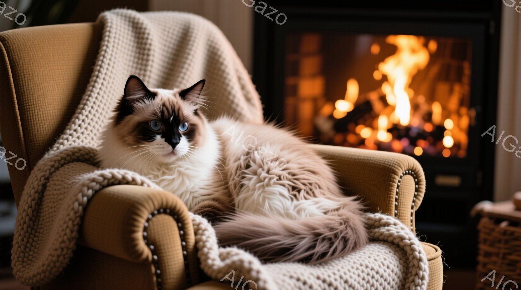 明るい茶色の肘掛け椅子に、クリーム色と茶色の毛並みの美しい猫がゆったりと横たわっています。猫は穏やかな表情でカメラを見つめており、椅子の背もたれに無造作にかけられた編み物のブランケットが暖かさを添えて - AI生成フリー素材