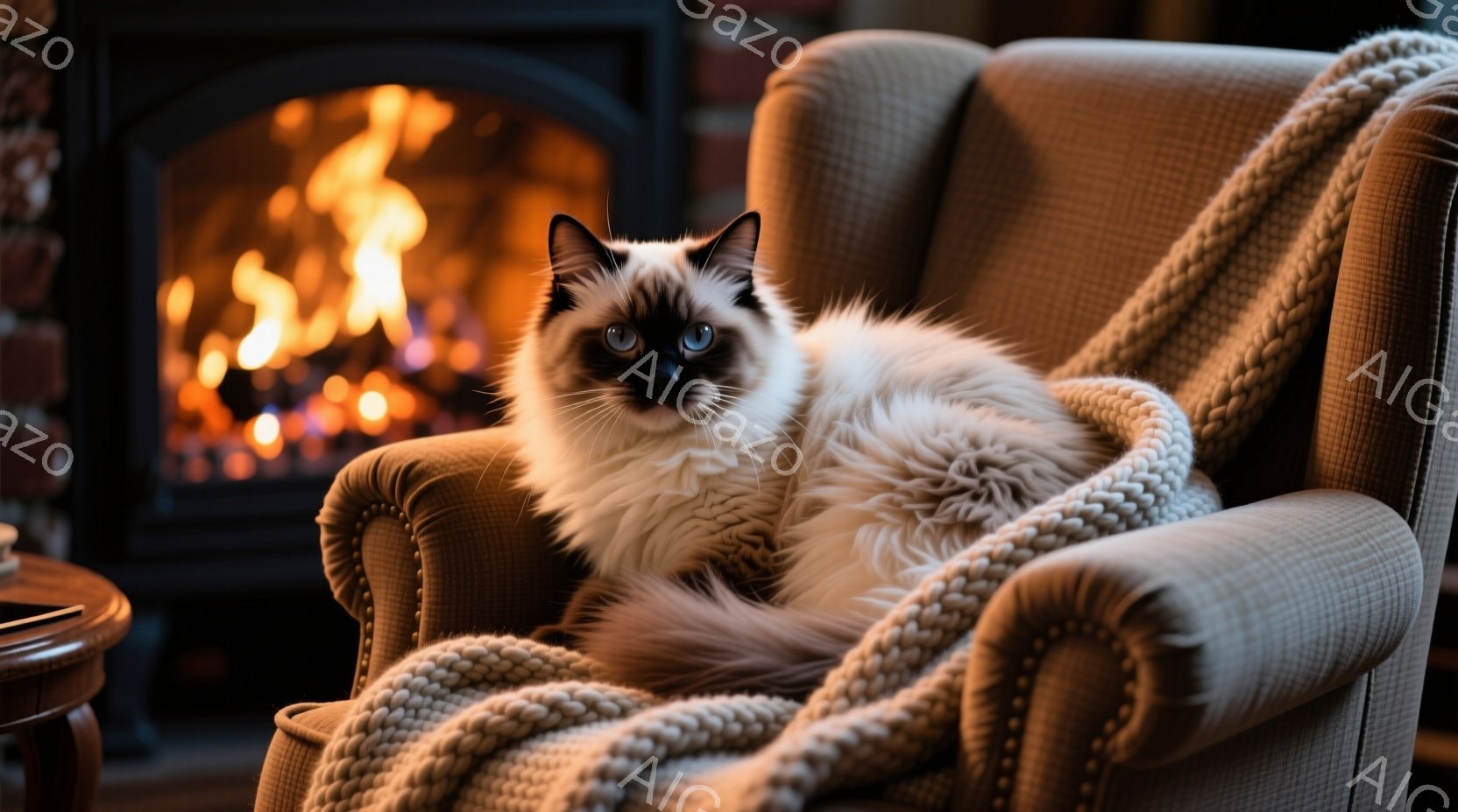 白い毛並みと青い瞳を持つ猫が、アンティーク調の肘掛け椅子の座席に丸まって座っています。椅子にはベージュの編み物のようなブランケットがかけられており、猫はリラックスした表情で、まるで椅子が自分のもののようにくつろいでいます。背景には暖炉があり、オレンジ色の炎が猫と椅子を照らし、温かく居心地の良い雰囲気を醸し出しています。
