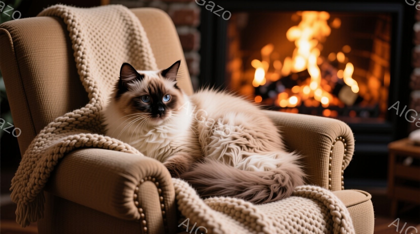 シベリアンハスキーのような毛並みの美しい猫が、ベージュ色の肘掛け椅子の背もたれに寄りかかってリラックスしています。猫は穏やかな表情でカメラを見つめ、肘掛け椅子には編み物のブランケットがかけられています - AI生成フリー素材