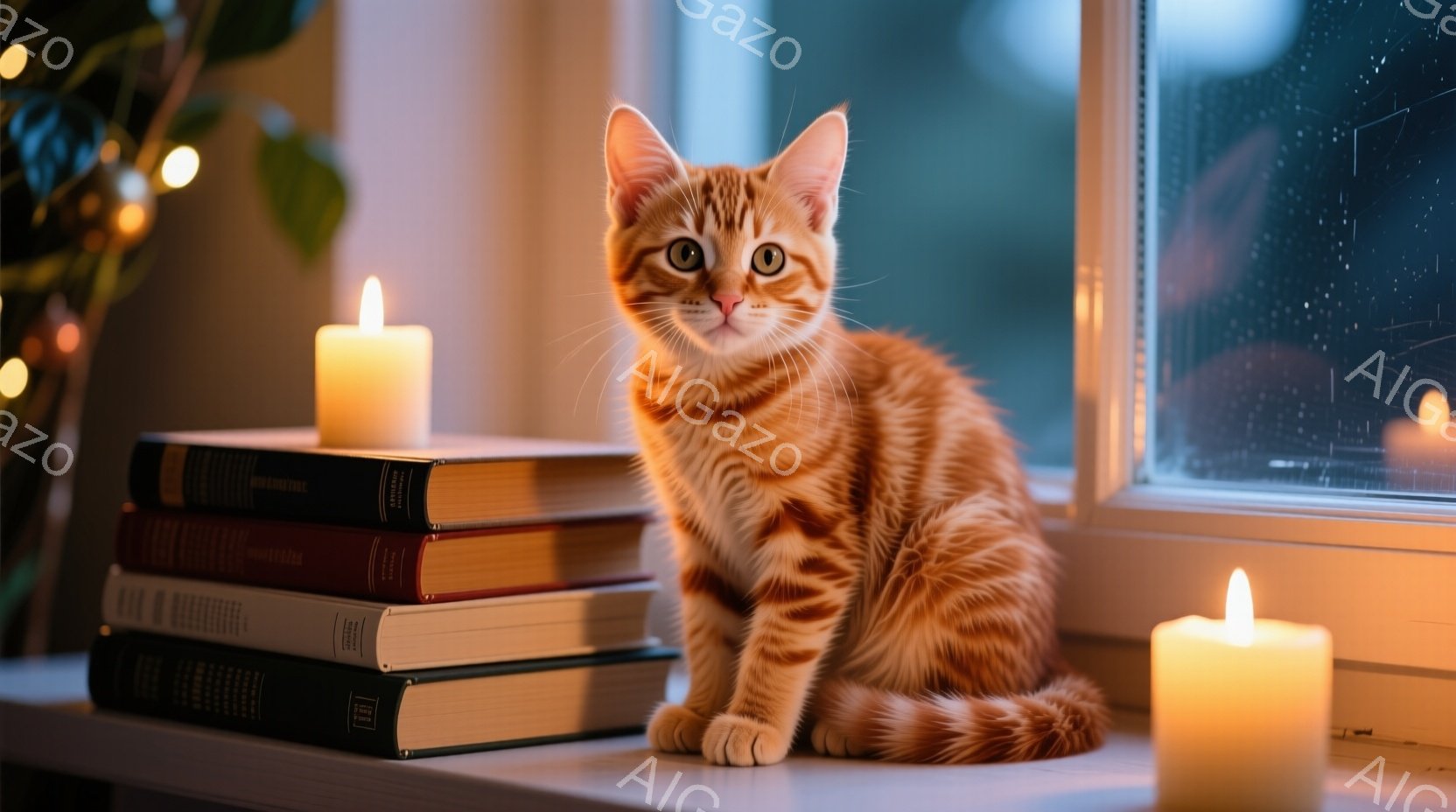 オレンジ色の縞模様の猫が、積み重ねられた本の上に座っています。窓の外は雨が降っており、ぼんやりとした光が背景に広がっています。両脇には灯されたキャンドルがあり、暖かく居心地の良い雰囲気を醸し出していま - AI生成フリー素材