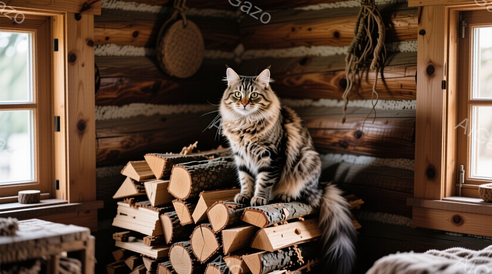 大きな縞模様の猫が、薪の山の上に座ってこちらを見つめている。背景は木の壁で、素朴な雰囲気があり、藁で作られたような装飾品が吊るされている。暖炉のある家の内部で、穏やかでリラックスした雰囲気が漂っている - AI生成フリー素材