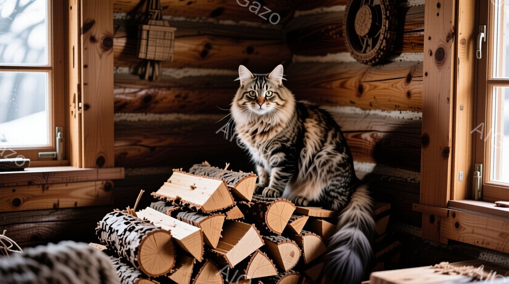 長毛の縞模様の猫が、薪の山の上に座って正面を見つめている。背景は木の壁で、窓からは雪景色が見え、室内は暖かく落ち着いた雰囲気である。猫の毛並みはふさふさとしており、凛々しい表情で、冬の静寂の中でくつろ - AI生成フリー素材