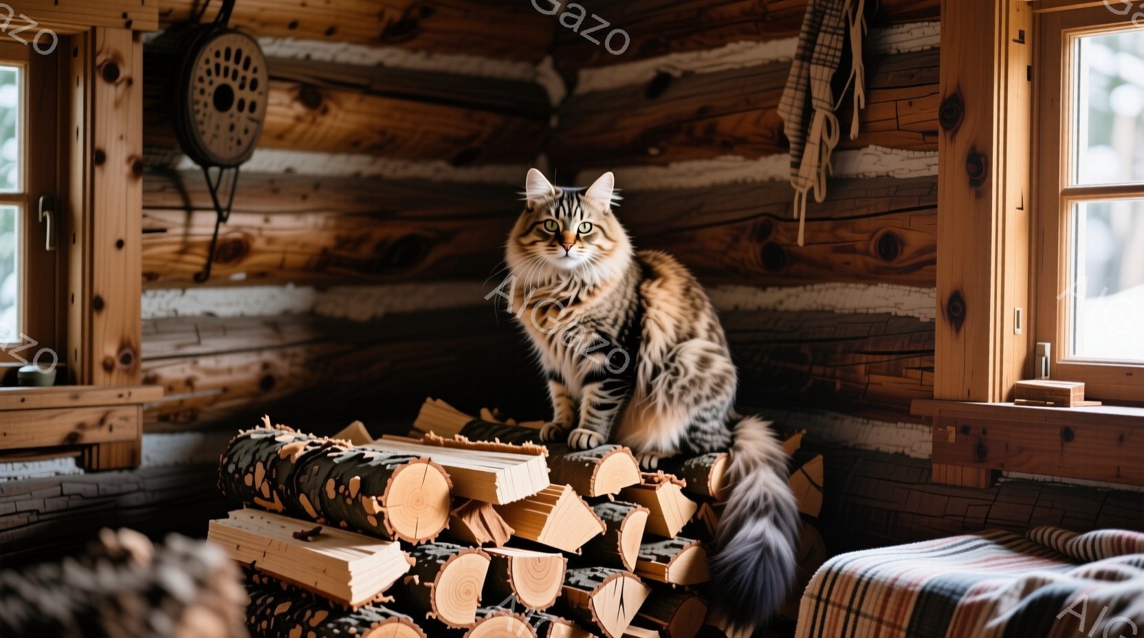 縞模様の大きな猫が、薪の山の上に堂々と座っています。背景は丸太で組まれた壁で、素朴な小屋の内観であることがわかります。窓からは外の光が差し込み、猫の毛並みを照らし出し、温かみのある雰囲気を醸し出しています。