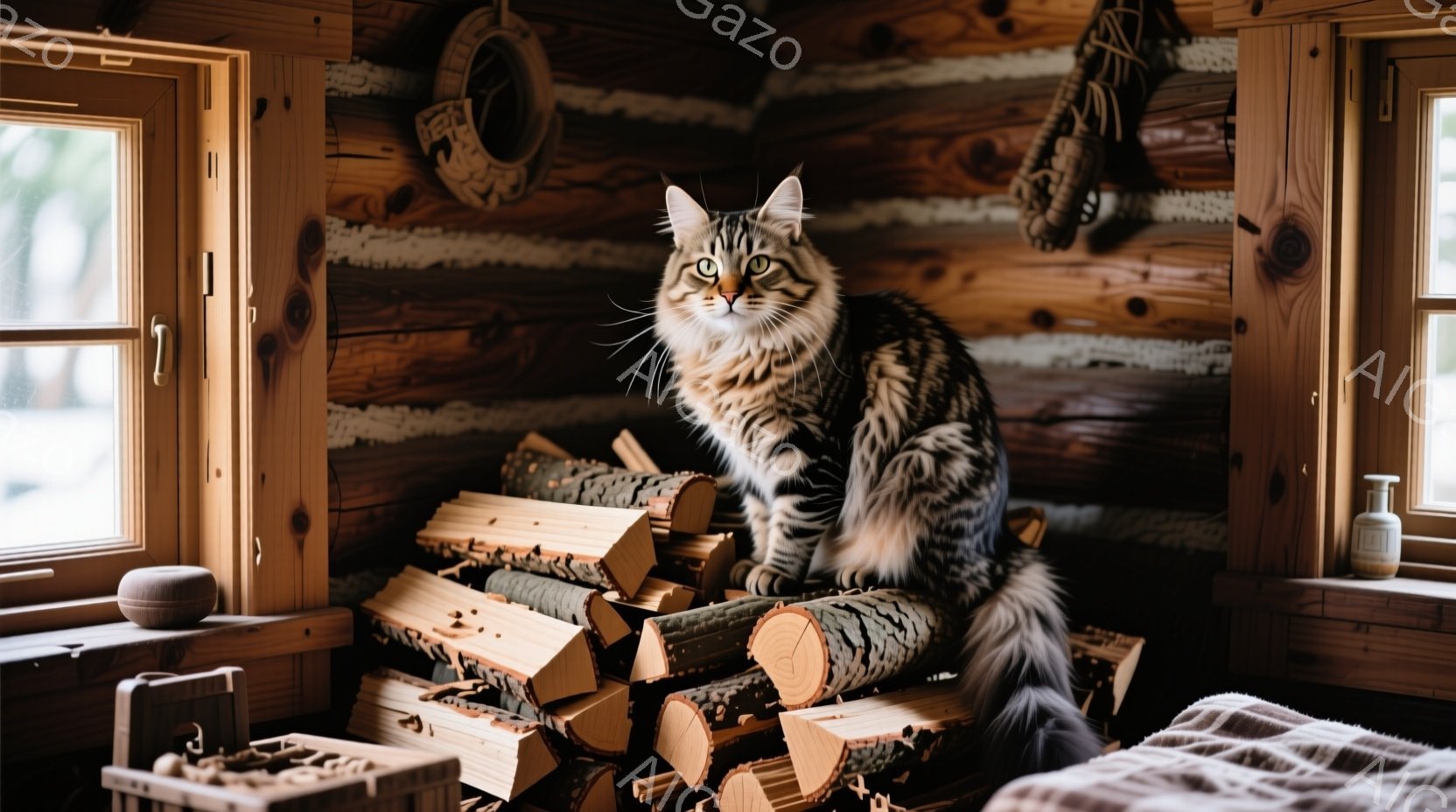 暖炉のそばに置かれた薪の上に、縞模様の大きな猫が座っています。猫は正面をまっすぐ見つめ、堂々とした表情をしています。背景には木製の壁、窓からの光、そして毛布が一部見え、冬の暖かい室内を思わせる雰囲気で - AI生成フリー素材
