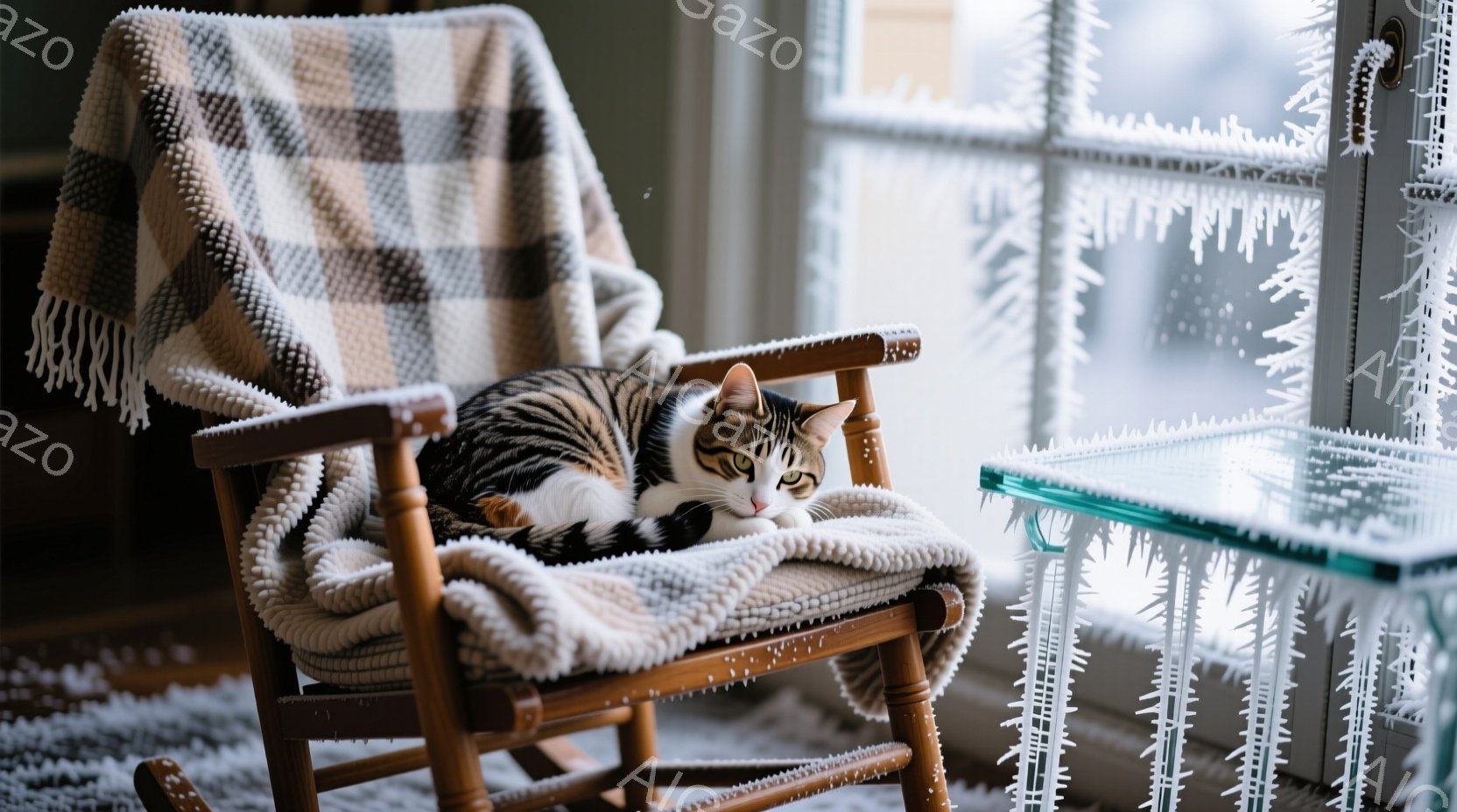 明るい色の縞模様の猫が、背もたれにチェック柄の毛布がかけられたロッキングチェアに丸まって座っています。窓の外は雪景色で、窓ガラスには繊細な氷の結晶が描かれており、冬の静けさを感じさせます。暖かい毛布と - AI生成フリー素材