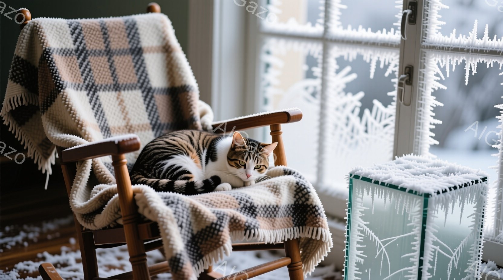 白と茶色の縞模様の猫がロッキングチェアに丸まって座っており、毛布がその上に優しく掛けられています。窓の外は雪景色で、窓枠には霜が降り積もっており、冬の静寂な雰囲気を醸し出しています。暖炉の温かさと猫の - AI生成フリー素材