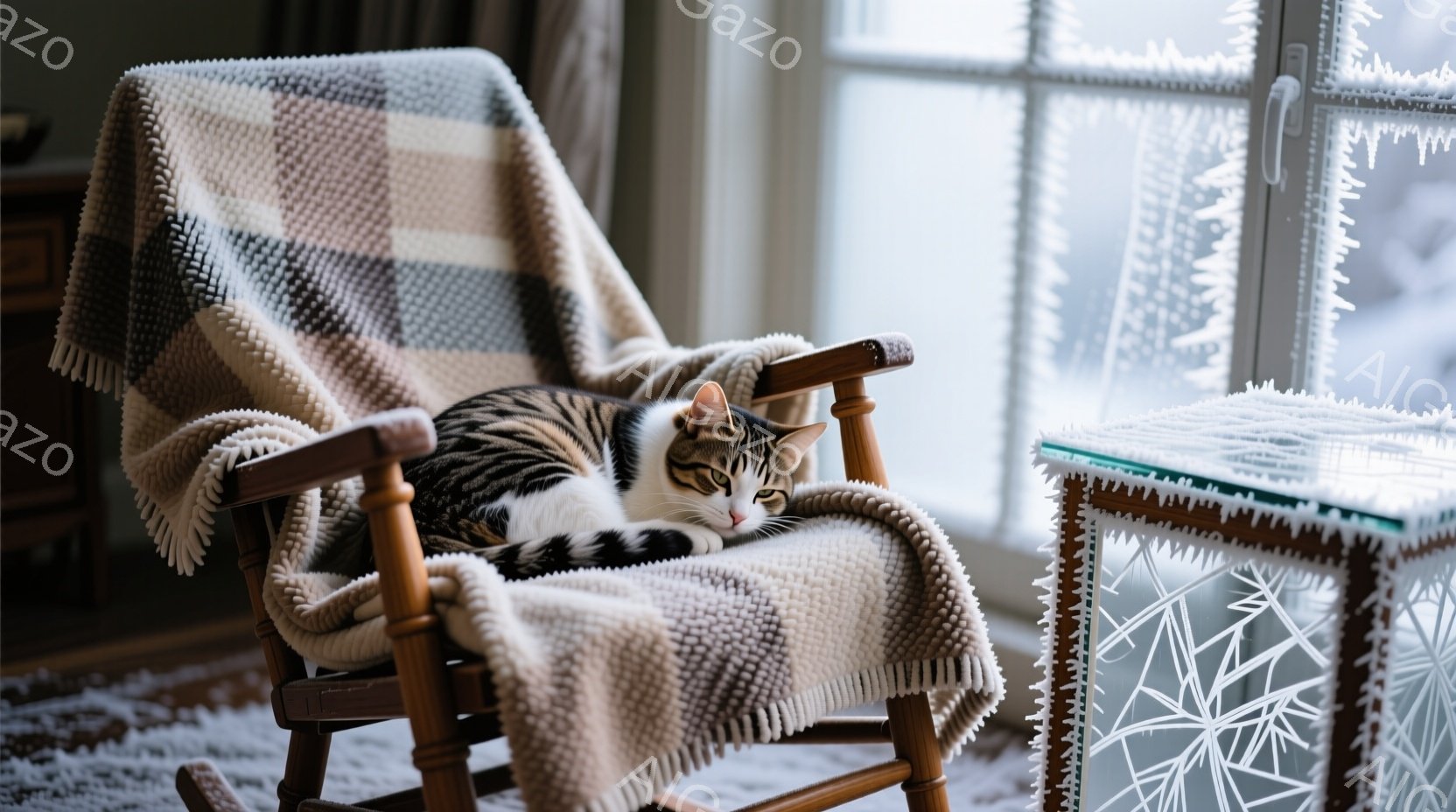 明るい色のロッキングチェアに、縞模様の猫が丸まって座っています。椅子にはふわふわしたベージュの毛布がかけられており、窓には氷の模様が描かれていて、外は雪景色であることがわかります。室内は暖かく、猫はリ - AI生成フリー素材