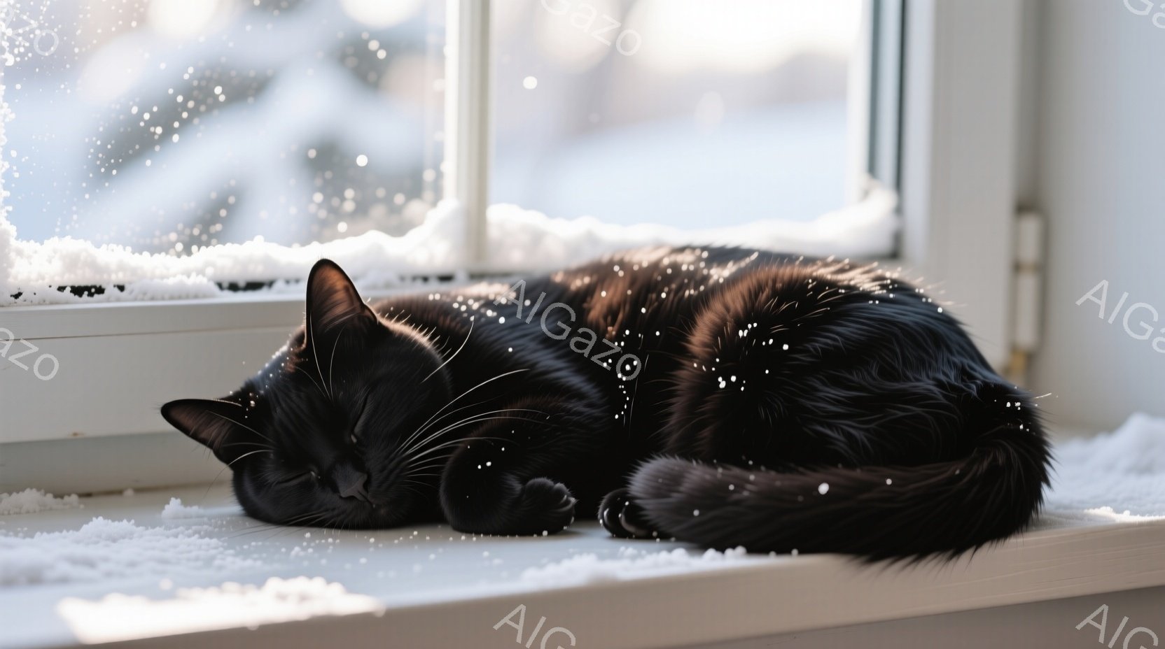 黒い猫が白い窓辺で丸まって眠っている。雪が降っており、窓の外にはぼやけた冬景色が広がり、静かで穏やかな雰囲気が漂っている。猫の毛並みは光を浴びて艶やかで、リラックスした様子が伝わってくる。 - AI生成フリー素材
