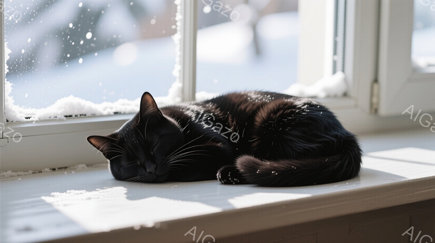 黒猫が窓枠の上で丸まって眠っている。窓の外は雪景色で、窓枠に差し込む光が猫の毛並みを照らし、リラックスした雰囲気を醸し出している。背景は雪に覆われた屋外で、静かで穏やかな冬の日の様子が伺える。