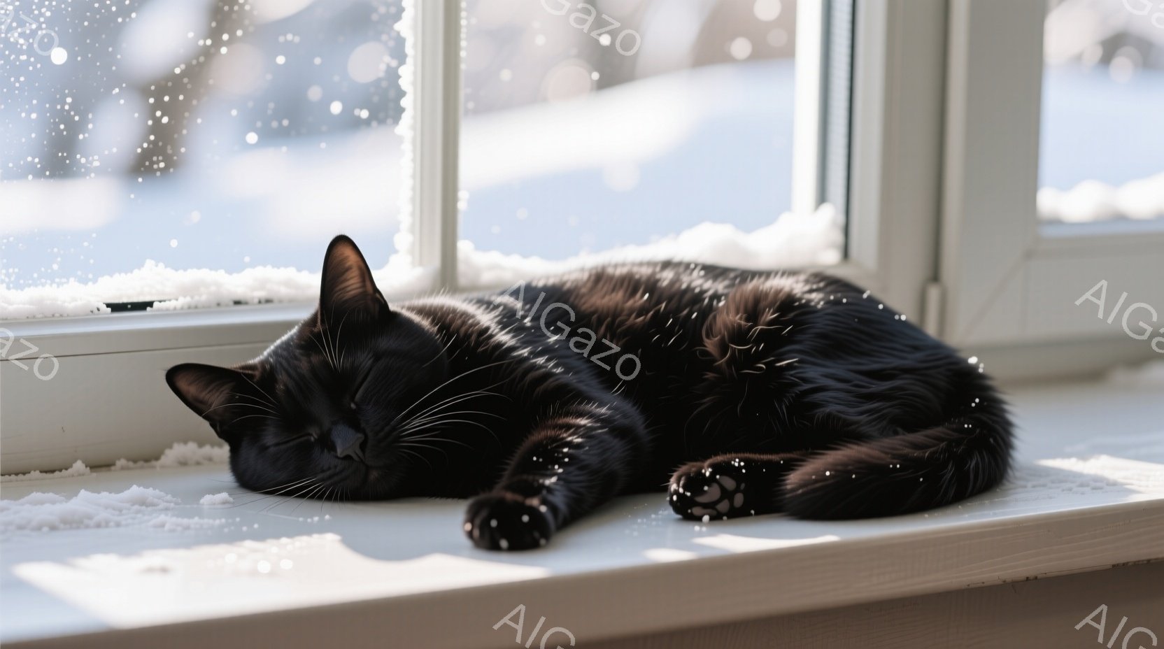 黒猫が白い窓辺で丸まって眠っています。柔らかい日差しが猫の黒い毛並みを照らし、白い肉球が可愛らしく見えます。窓の外には雪景色が広がり、静かで穏やかな冬の雰囲気が漂っています。 - AI生成フリー素材