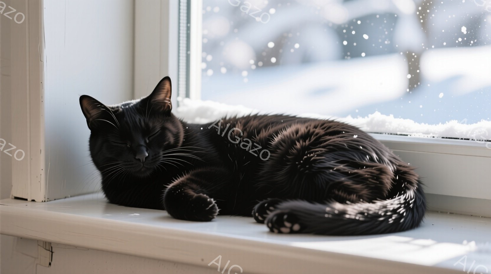 黒猫が白い窓辺に丸まって眠っています。猫は体を大きく曲げ、前足を揃えてリラックスした姿勢で、穏やかな表情をしています。背景には雪が降る冬の景色がぼやけて見え、室内とのコントラストが暖かく、静かな雰囲気 - AI生成フリー素材