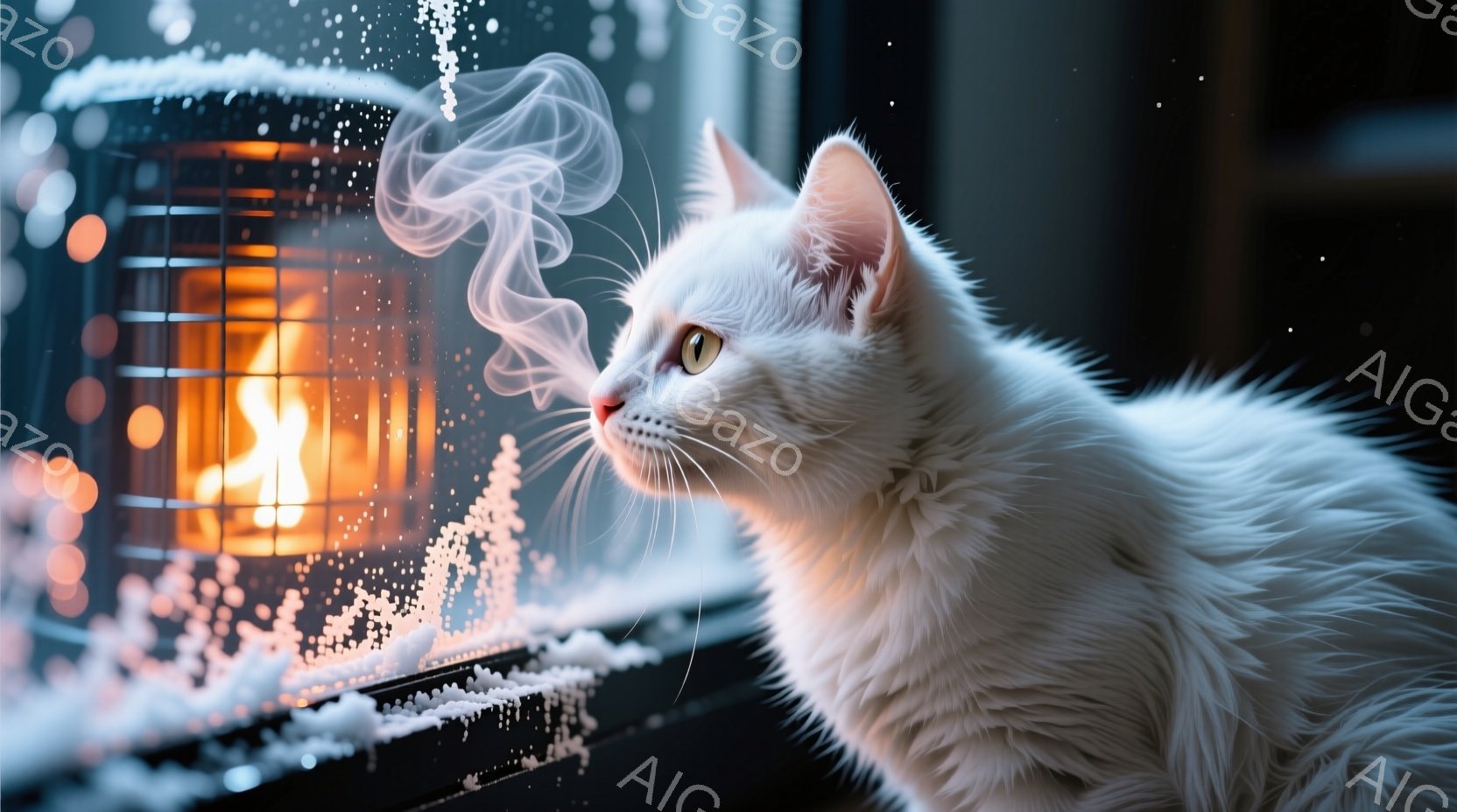 白い毛並みの猫が窓際に寄り添い、外の雪景色を見つめている。窓には霜が降りており、猫の息が白い蒸気となって立ち上っている様子が捉えられている。暖炉のオレンジ色の光が室内を照らし、冬の穏やかで温かい雰囲気 - AI生成フリー素材