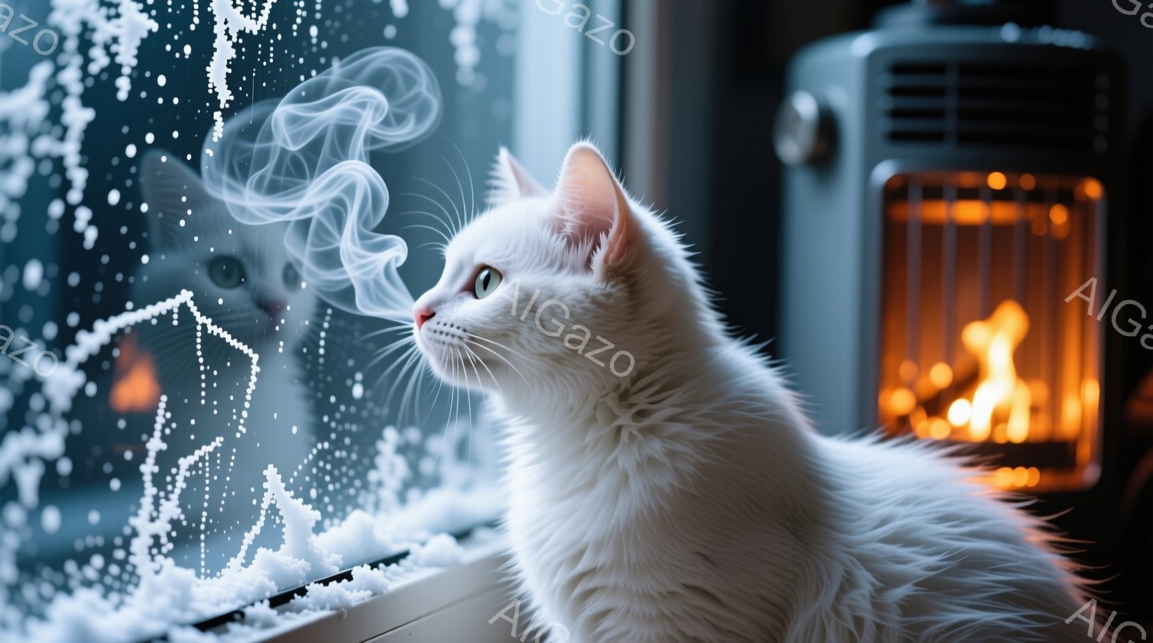 白い猫が窓の外を眺めており、息が白い蒸気となって浮かび上がっている。窓には雪の結晶のような模様が描かれ、背景には暖炉の炎が見える、冬の寒さを感じさせる光景だ。猫はリラックスした様子で、穏やかな雰囲気を - AI生成フリー素材